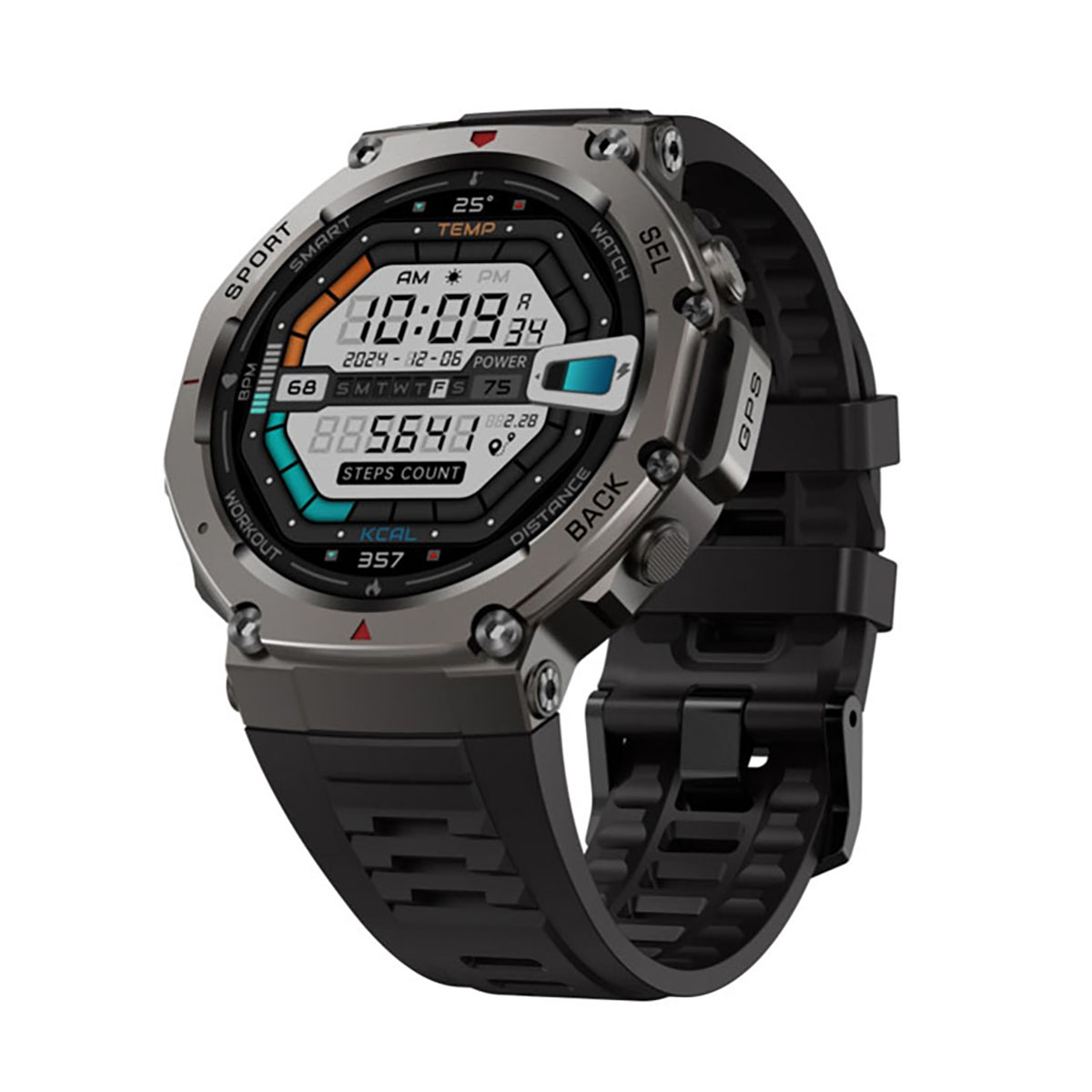 Eine Smartwatch mit schwarzem Armband. Der Bildschirm zeigt Zeit, Trainingsdaten und Akkulaufzeit an.