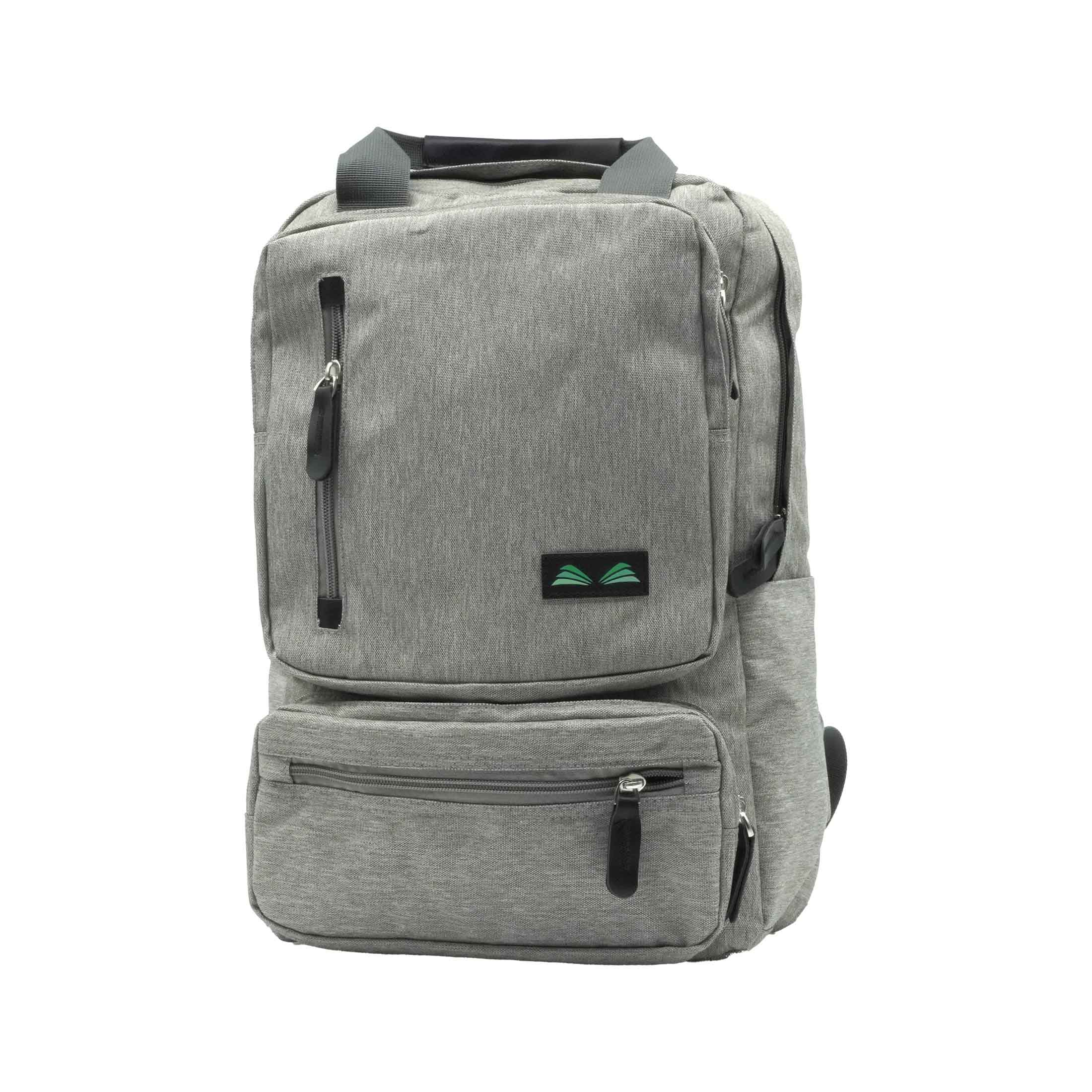 Grauer Rucksack mit mehreren Taschen und grünem Logo.