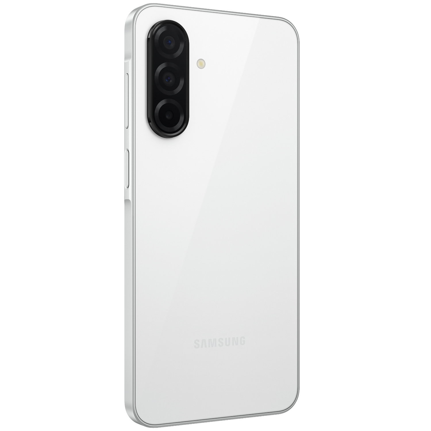 Biały smartfon z potrójnym aparatem na białym tle.