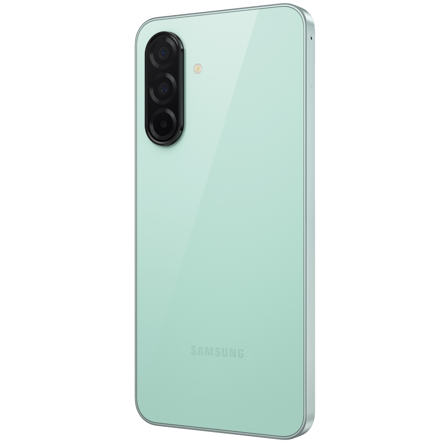 Retro di uno smartphone verde menta, con tre fotocamere e logo Samsung. Il design è elegante e moderno.