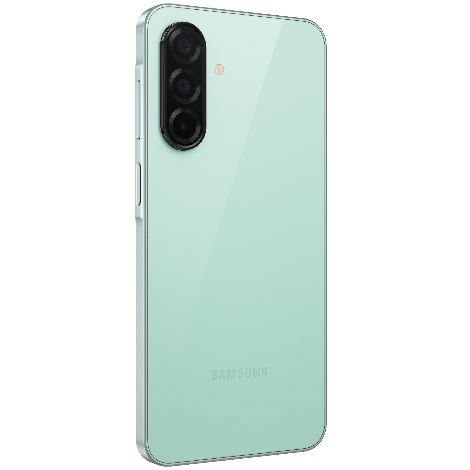 Een smartphone met een mintgroene achterkant en een drievoudige cameralens, schuin naar links, de achterkant tonend.