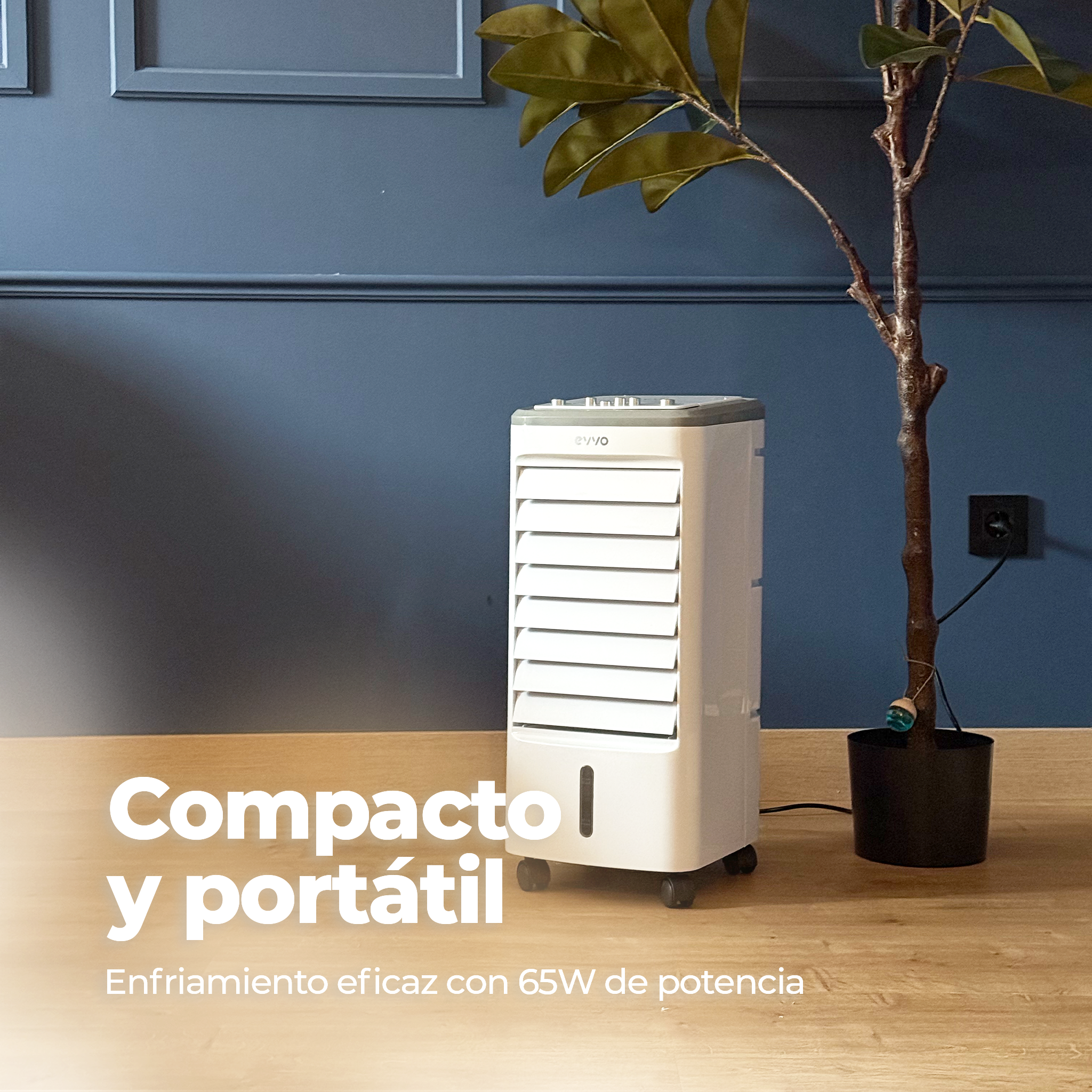 Un enfriador de aire blanco y gris con una pequeña planta, texto 'Compacto y portátil' y 'Enfriamiento eficaz'.