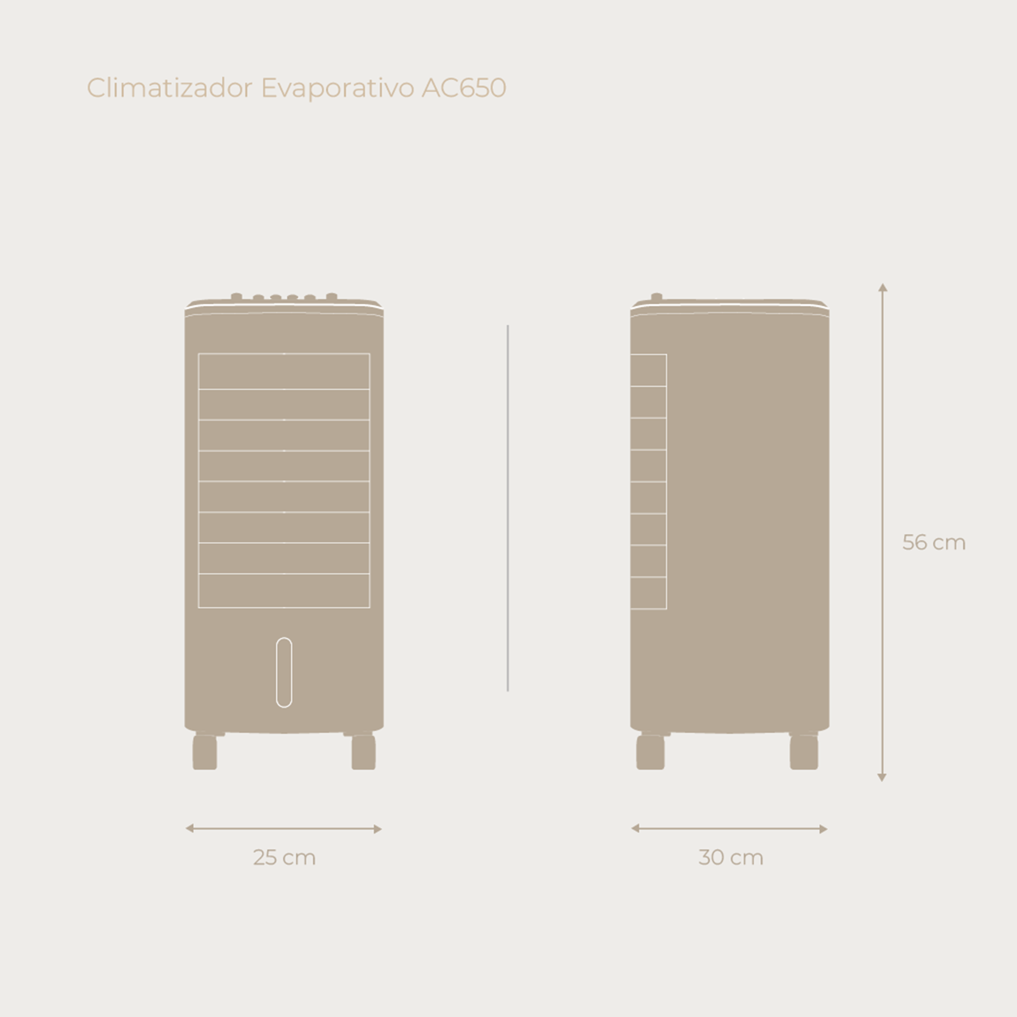 Un enfriador de aire evaporativo, vista lateral y frontal, con dimensiones: 25x30x56 cm.