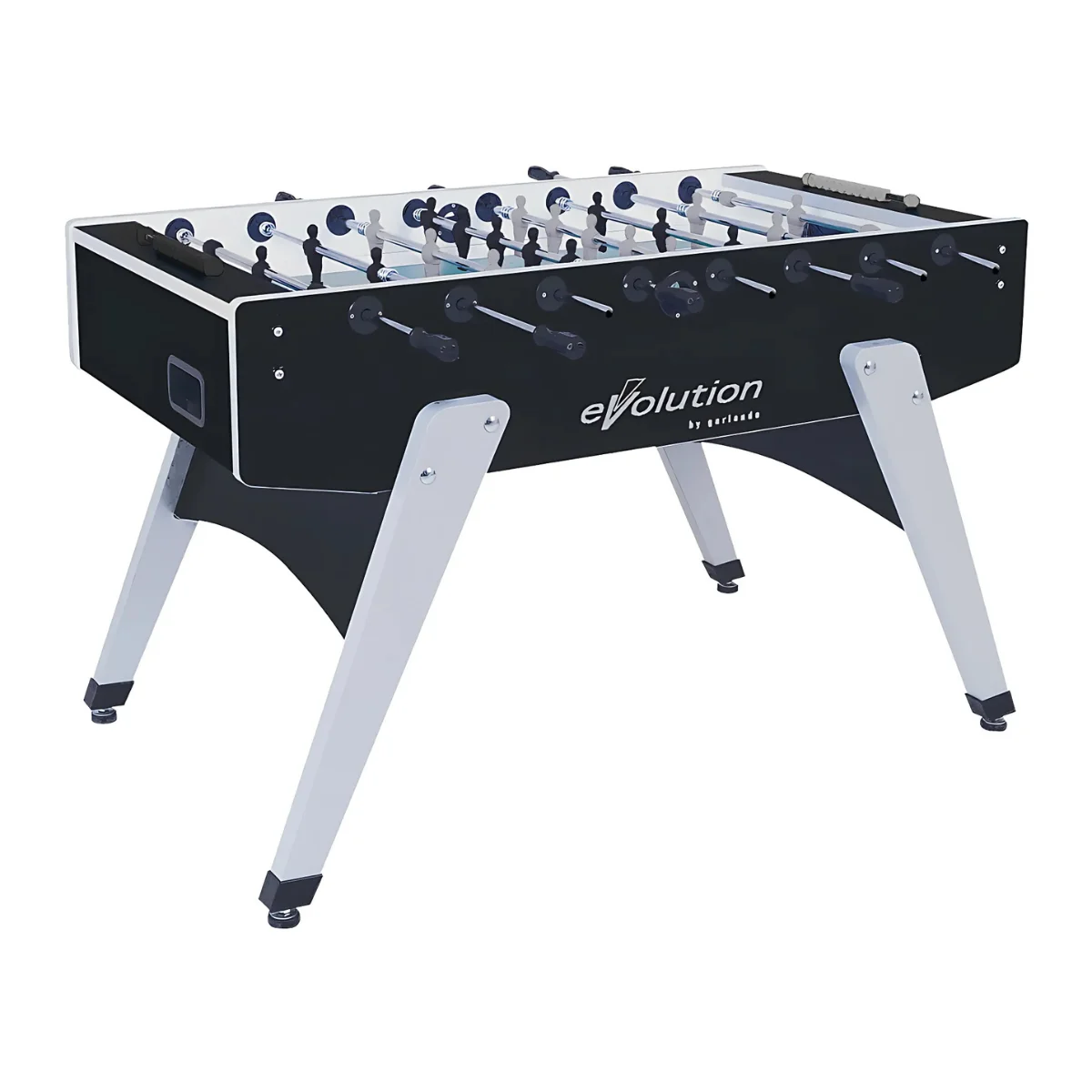 A foosball table with a black body, white legs, and players arranged for a game.
