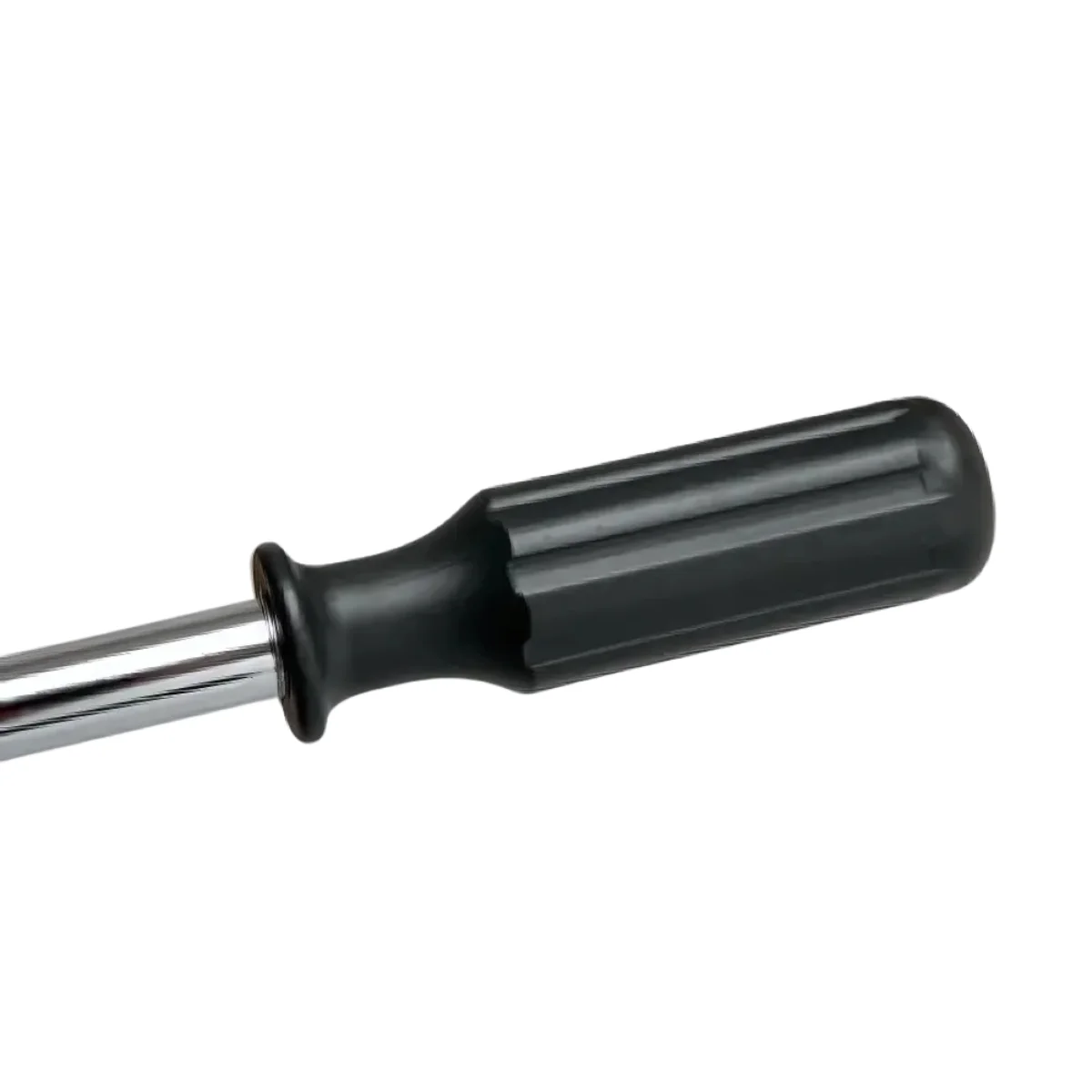 A close-up of a black screwdriver handle and a chrome shaft on a white background.