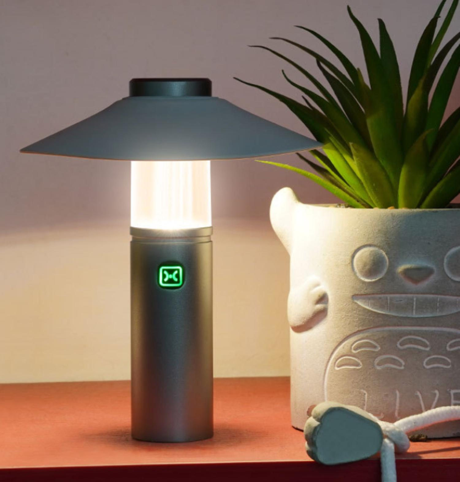 Eine grau-schwarze Tischlampe mit grünem Licht auf einer roten Oberfläche, neben einer Pflanze.