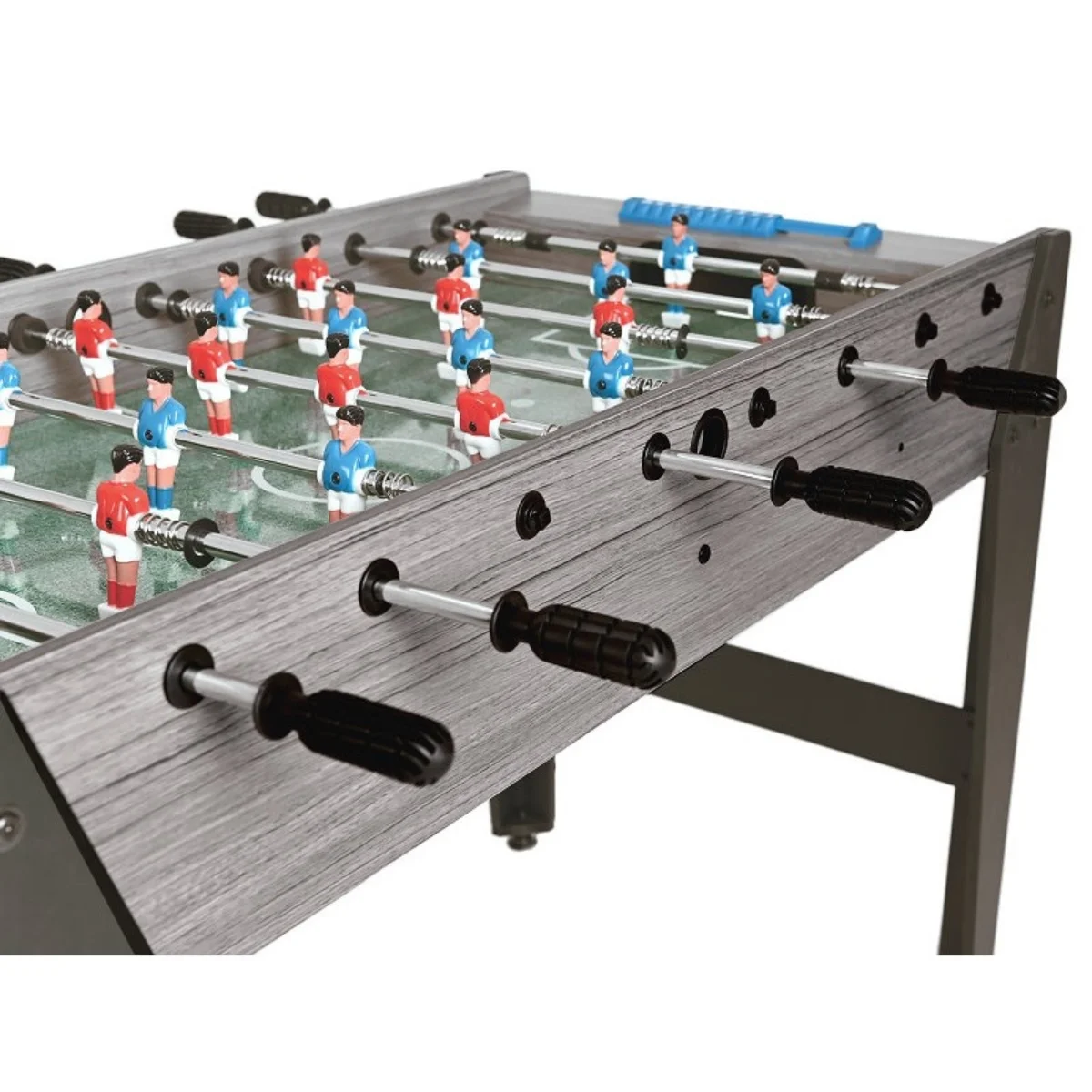 Foosball table with red and blue player figures. Grey wooden frame with black handles.