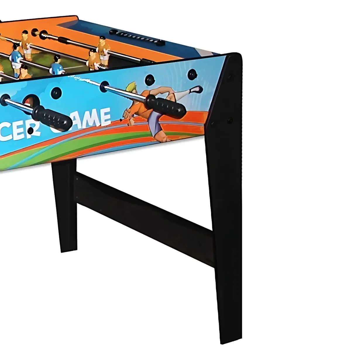 A close-up of a foosball table. The table is blue and orange with black legs.