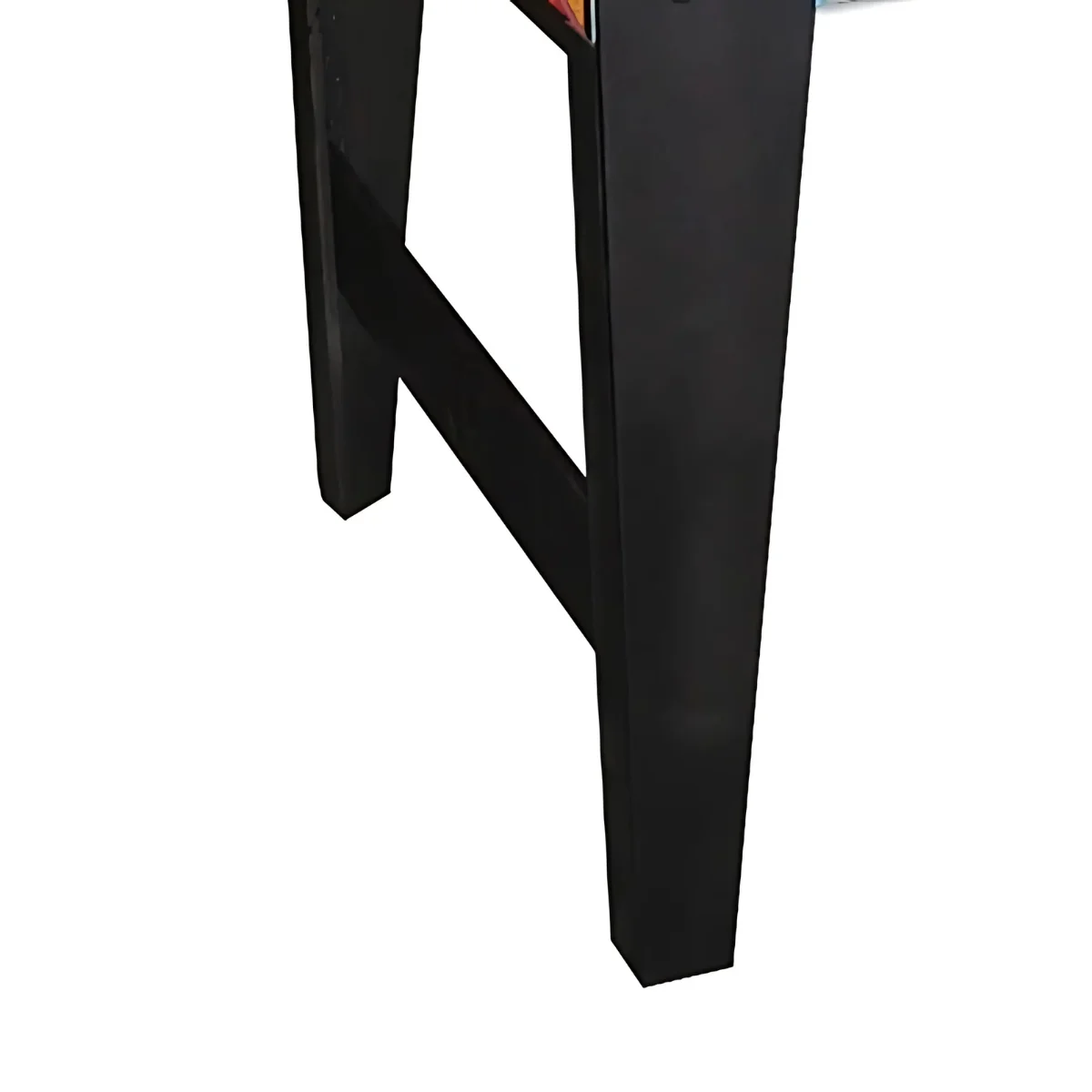 Close-up of black table legs against a white background. The legs are rectangular and angled.