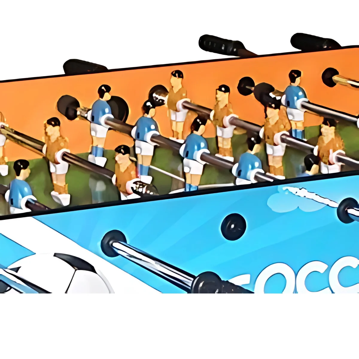 Foosball table with orange and blue graphic. Players figures are in blue and brown. Black handles.