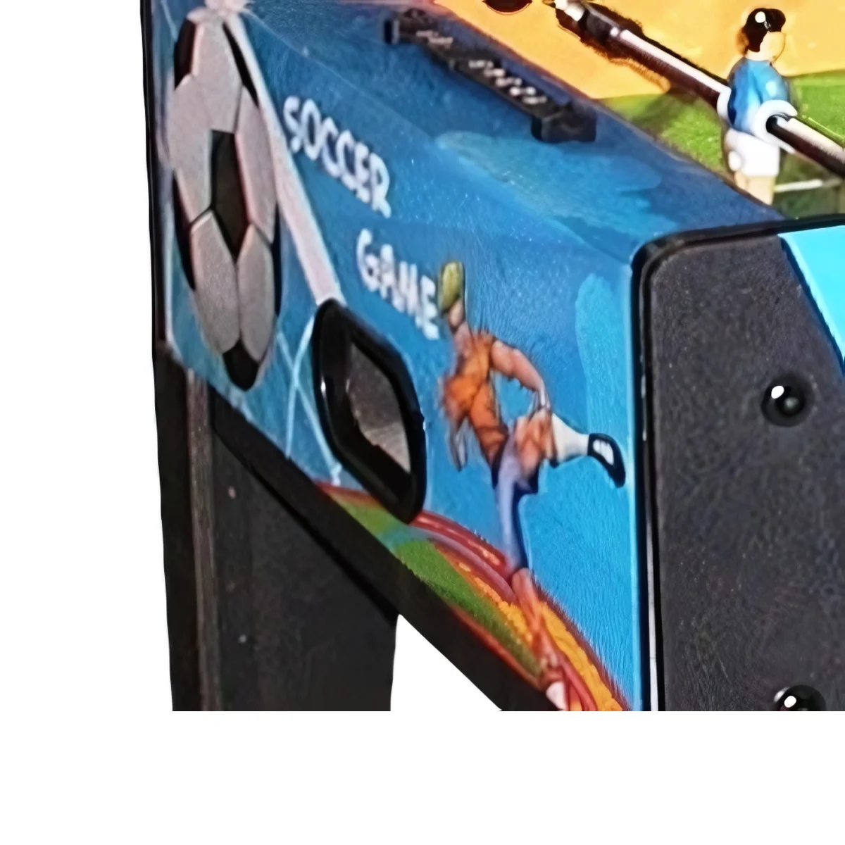 A section of a soccer game table. The background is blue, and a soccer player figure is visible.
