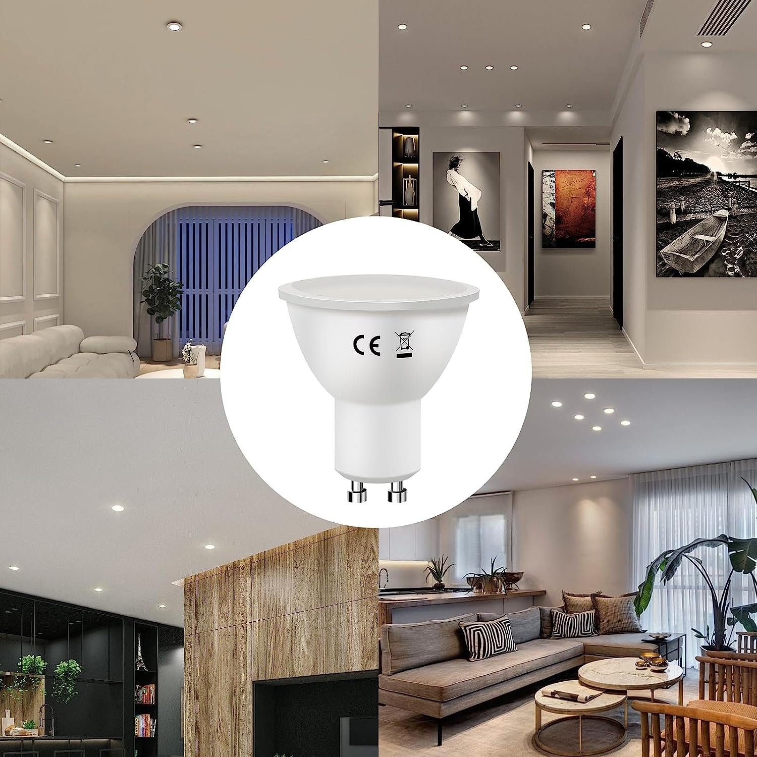 Wiele ujęć wnętrz prezentujących wpuszczane oprawy oświetleniowe w różnych nowoczesnych przestrzeniach mieszkalnych.