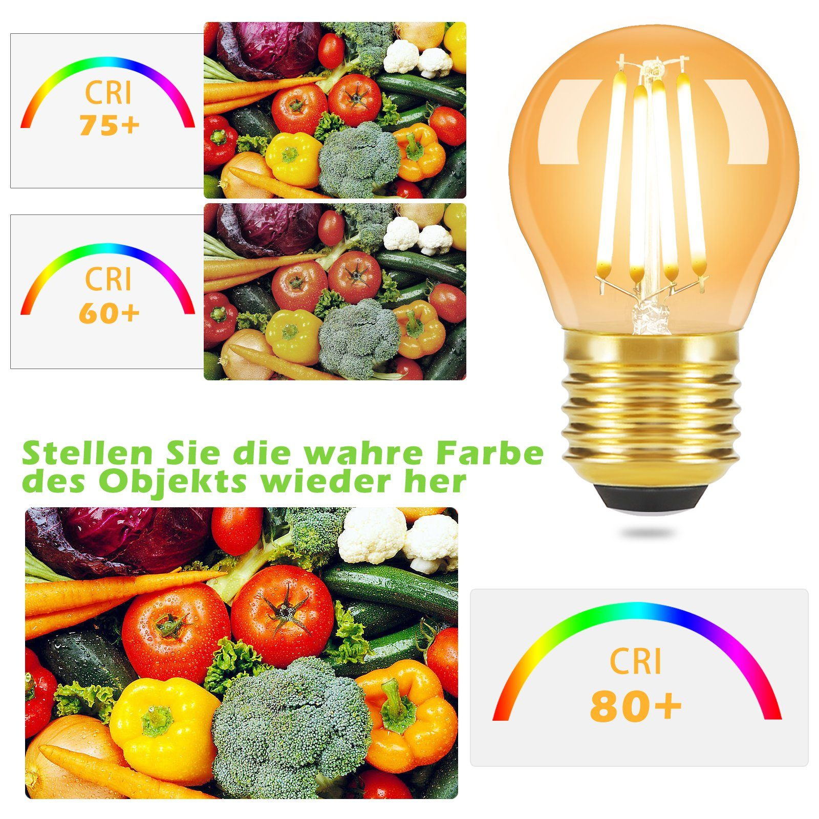 Pomarańczowa żarówka obok ekspozycji kolorowych warzyw. Pokazano również oceny CRI.