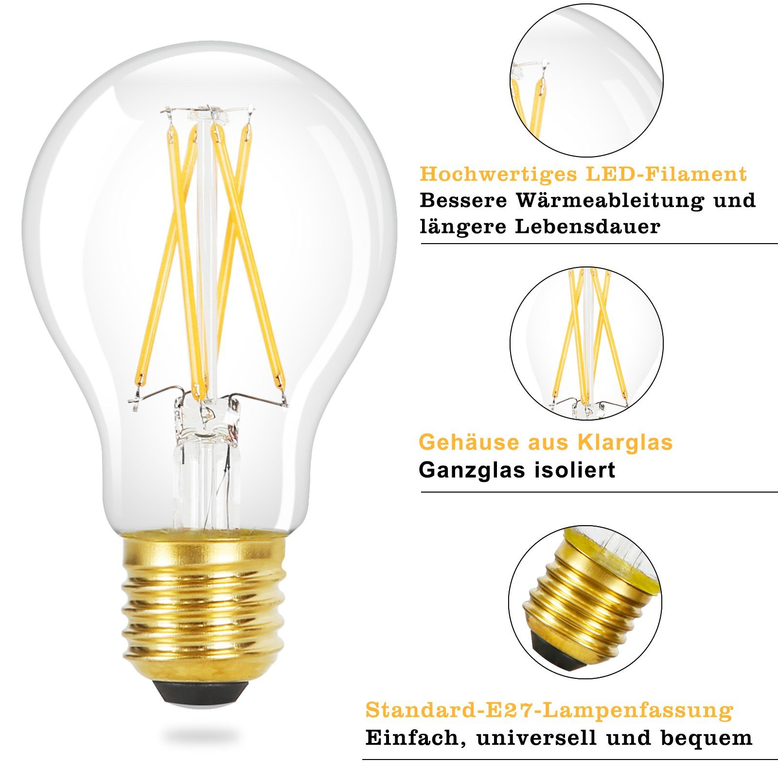 Przezroczysta żarówka z żółtymi włóknami, ze specyfikacjami takimi jak model, moc i temperatura barw.