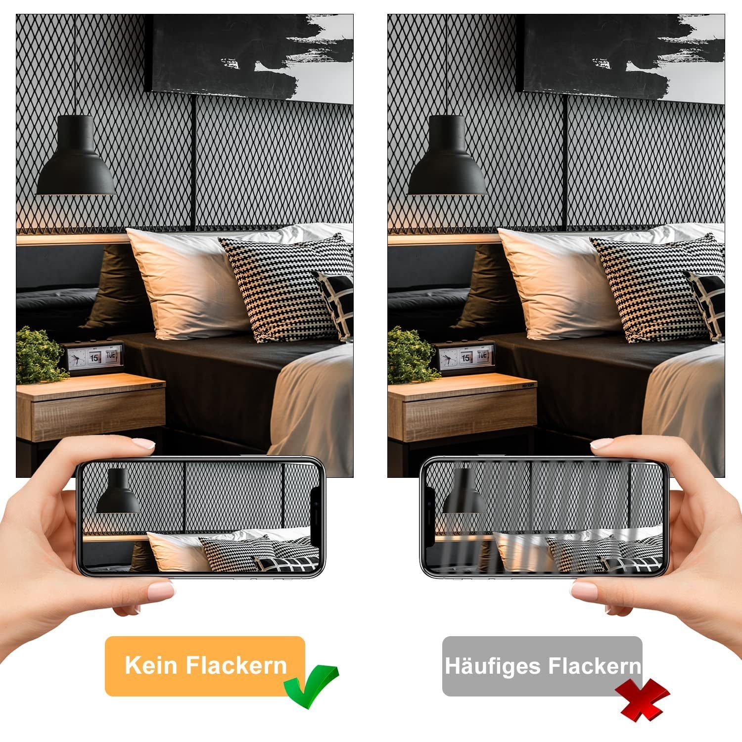 Dwie sceny sypialni, jedna z migotaniem bez światła, a druga z migoczącym światłem, obie oglądane przez telefon.