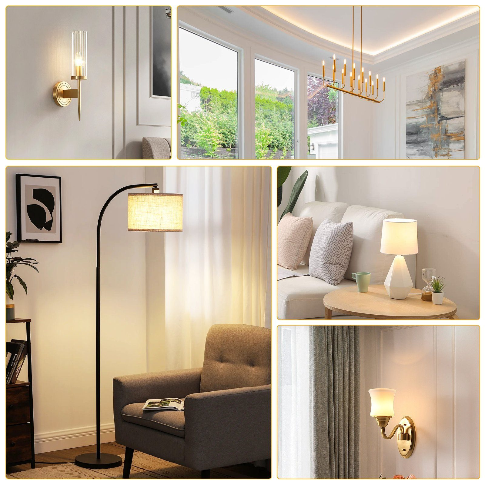 Kolekcja różnych lamp w domowym otoczeniu: kinkiet, lampa podłogowa, lampa stołowa i żyrandol.