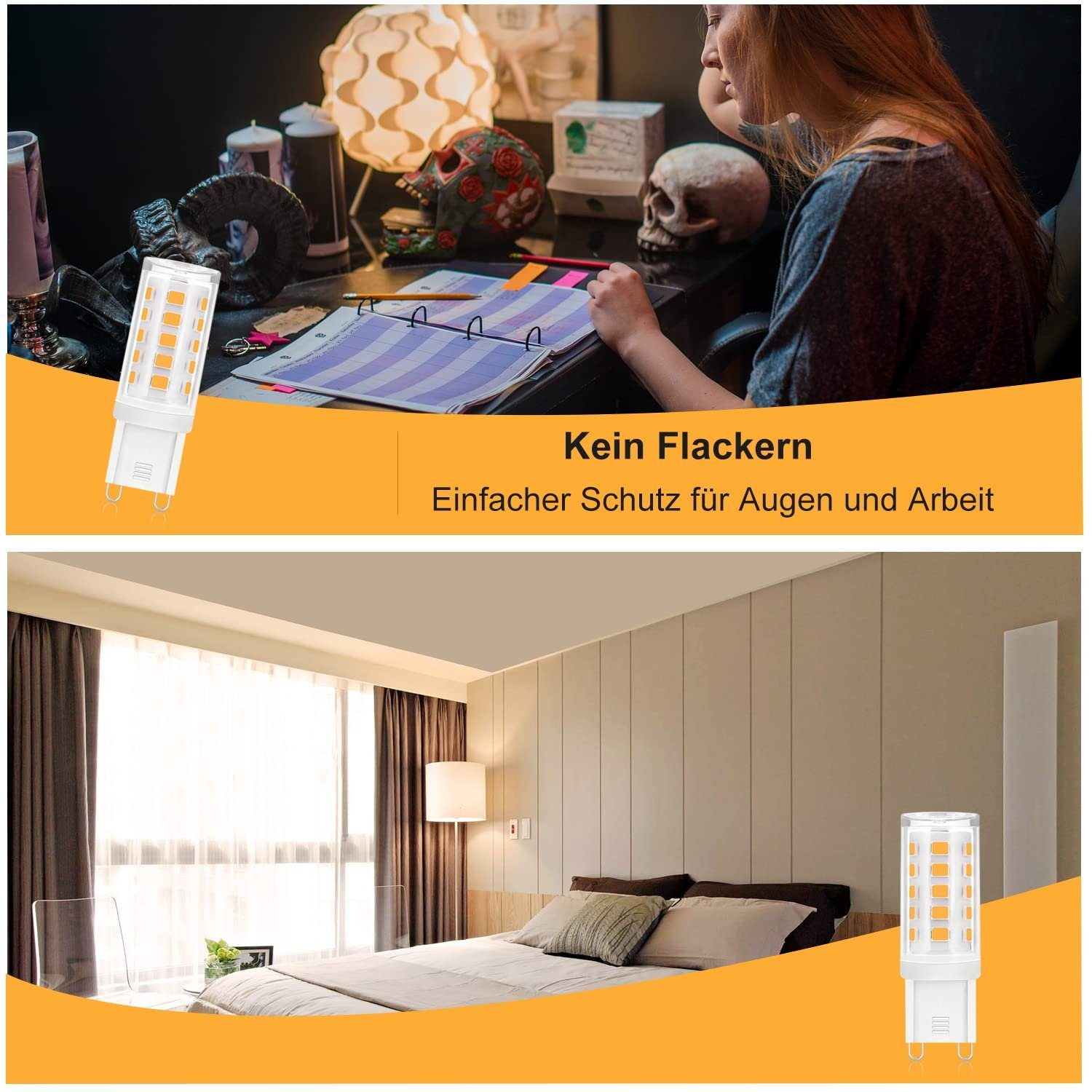 Dwa obrazy o żarówkach. Jeden z osobą, a drugi w sypialni.