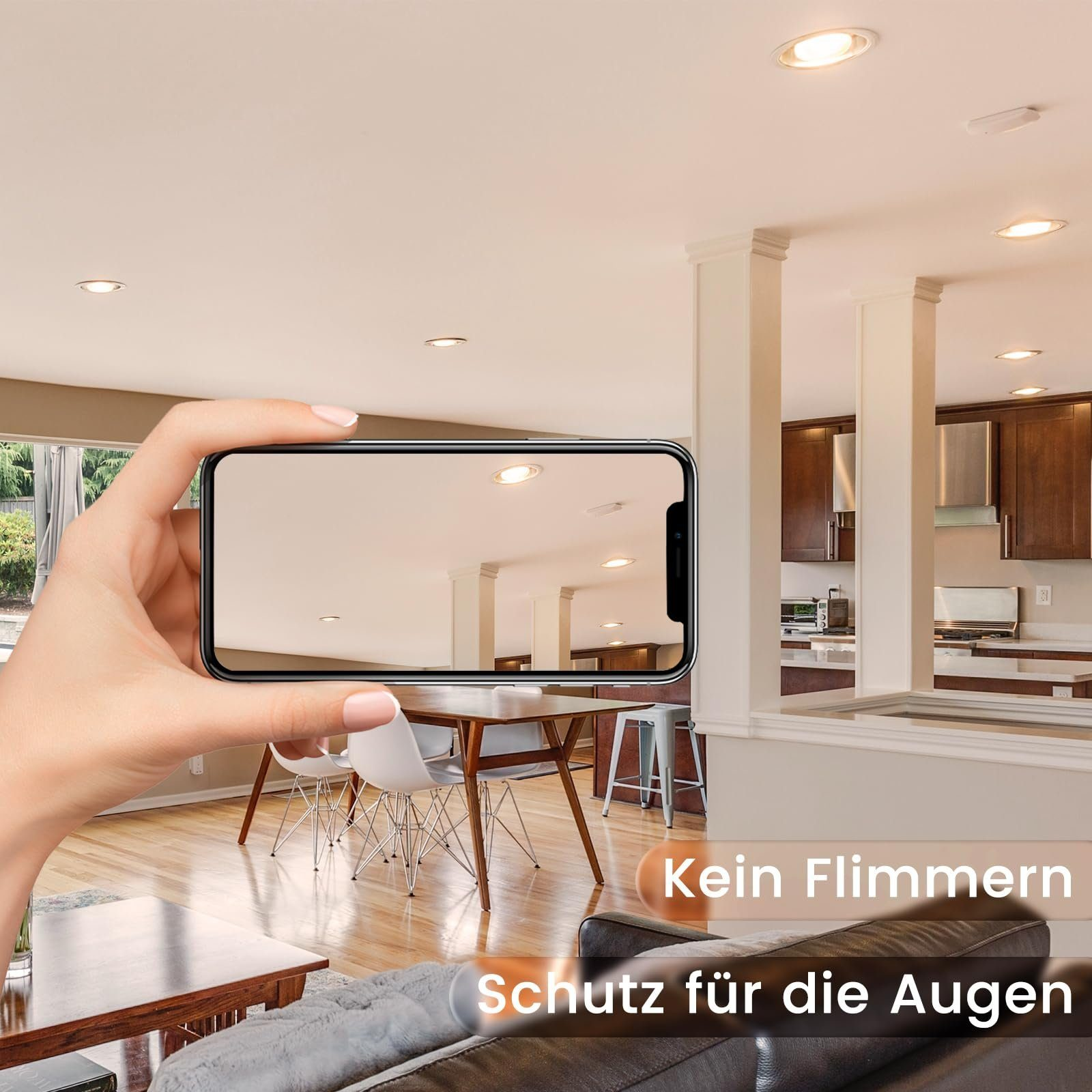 Ręka trzymająca telefon, pokazująca nowoczesną kuchnię ze światłami, tekst na dole.