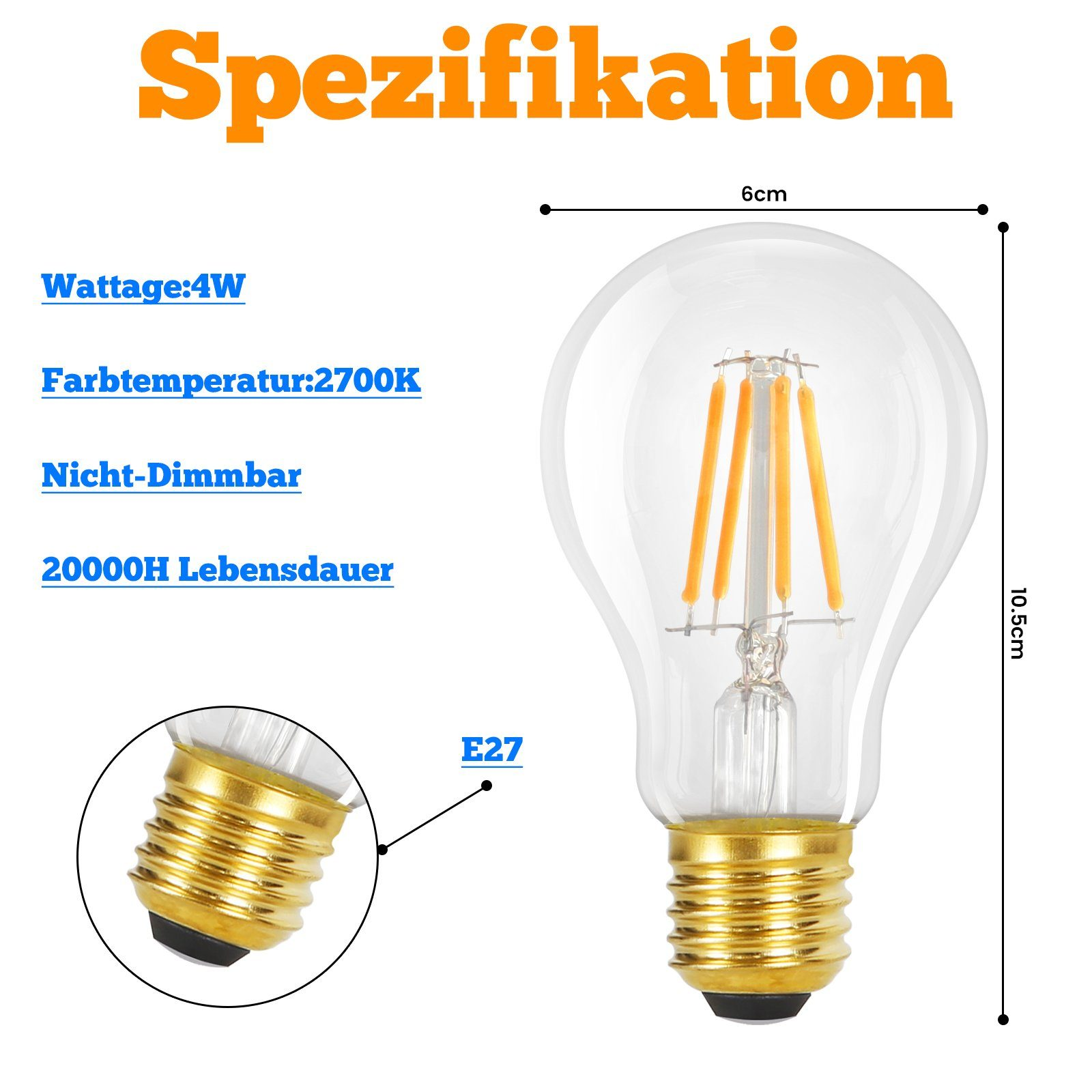 Una lampadina con specifiche elencate. Ha una potenza di 4W, una temperatura colore di 2700K e non è dimmerabile.