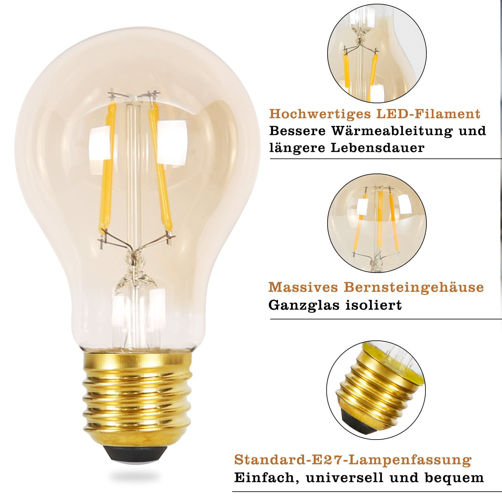 Żarówka z adnotacjami dotyczącymi jej cech. Podkreśla żarnik LED, bursztynowe szkło i gwint E27.