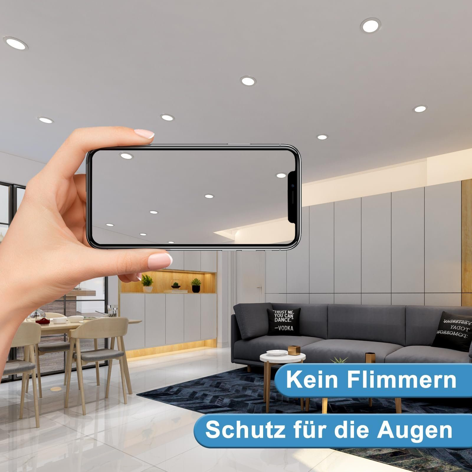 Ręka trzyma telefon, pokazujący wnętrze z wbudowanymi światłami. Tekst mówi 'Kein Flimmern, Schutz für die Augen'.