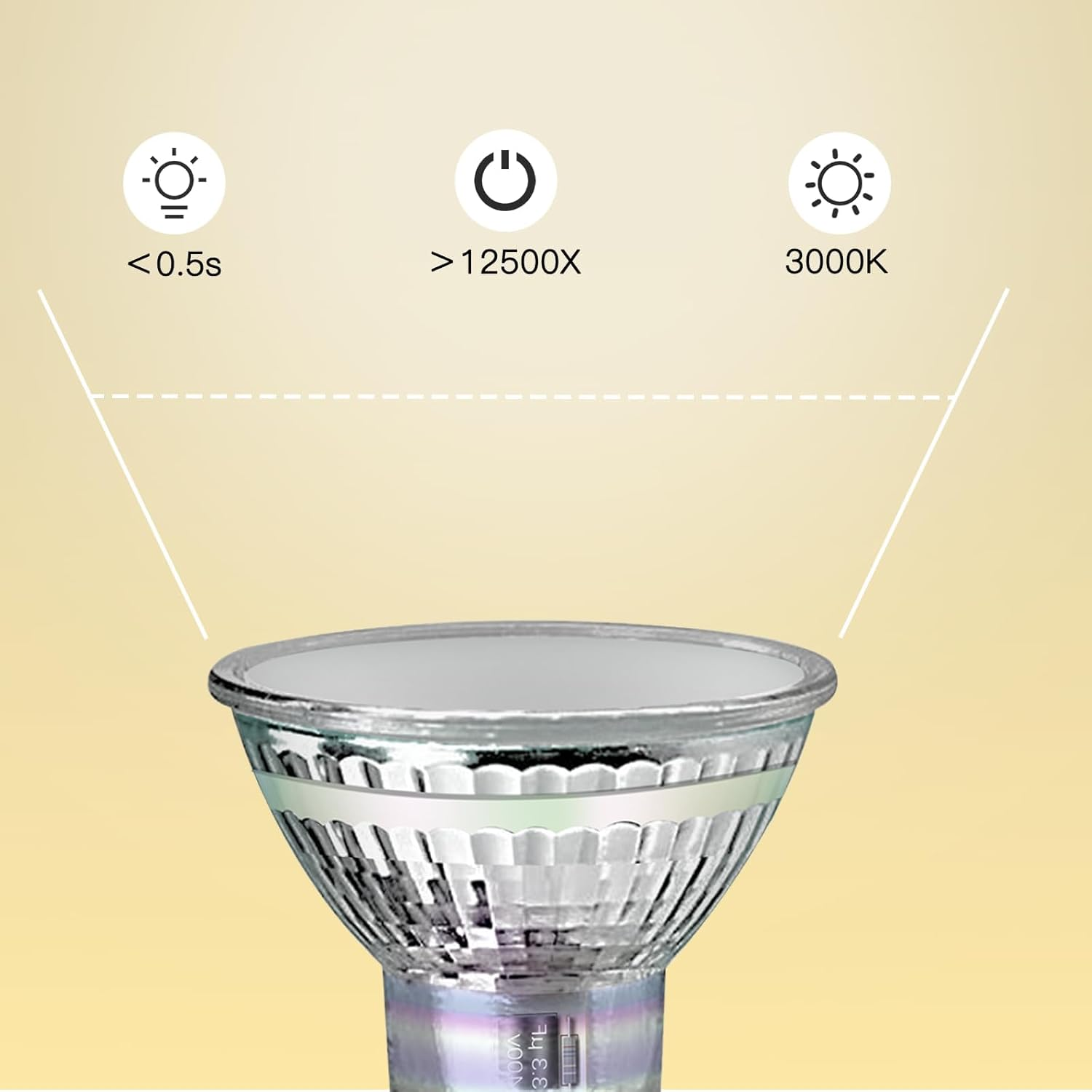 Zbliżenie na żarówkę wpuszczaną z ikonami pokazującymi charakterystyki światła: jasność, moc i temperatura barwowa.