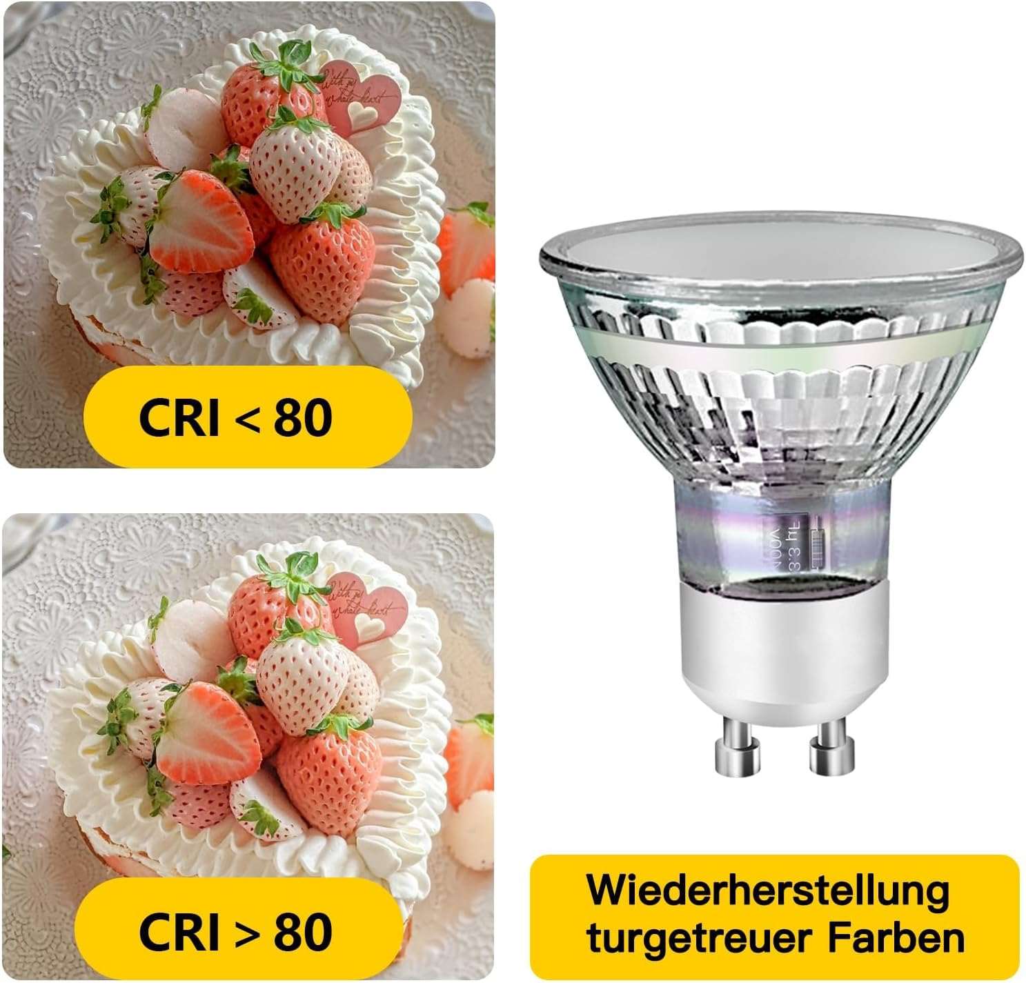 Obraz porównawczy: deser z truskawkami, z i bez oświetlenia o wysokim CRI.