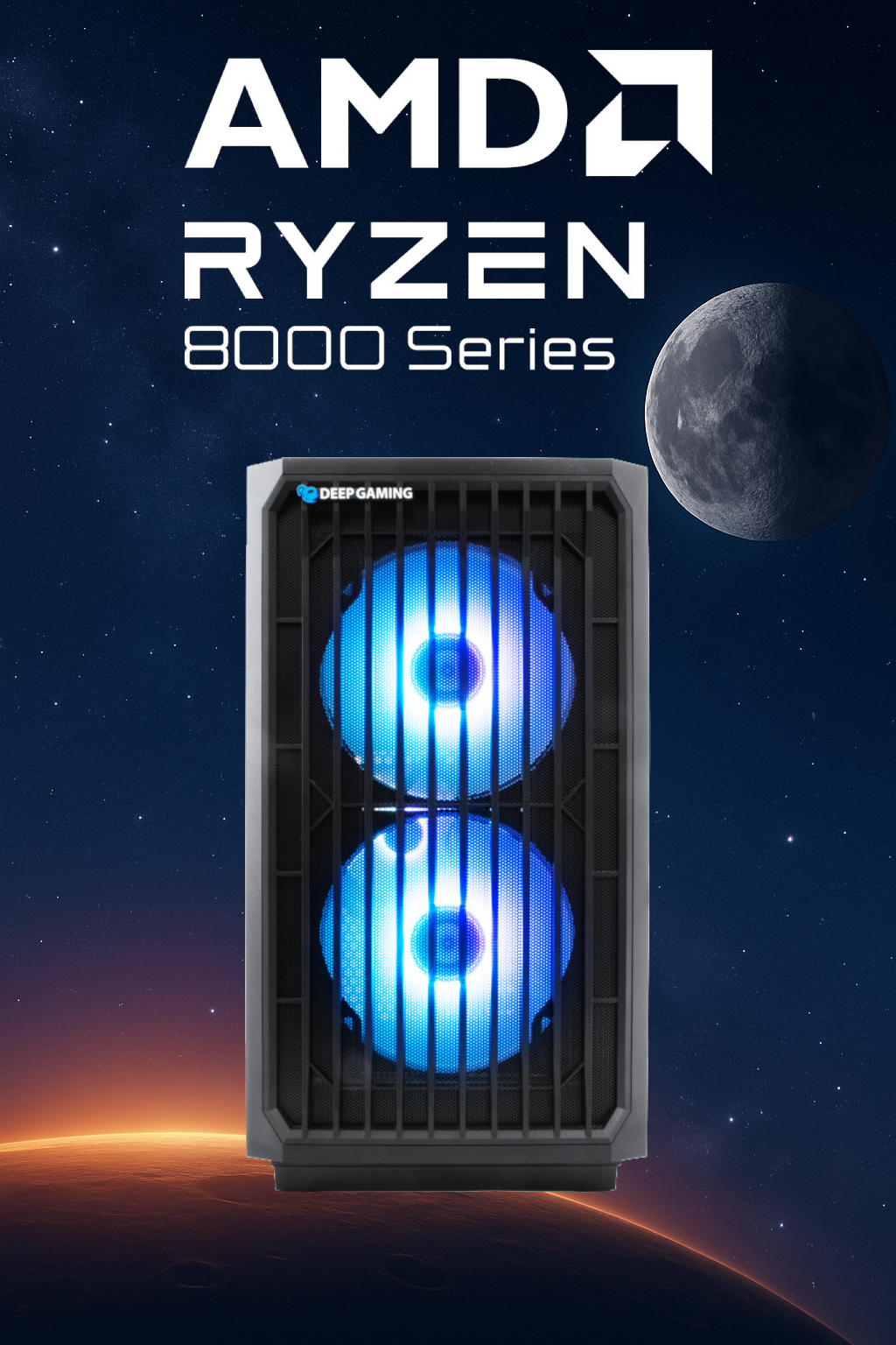 Una caja de computadora con el logotipo de DeepGaming y el logotipo de la serie AMD Ryzen 8000. Luces azules.