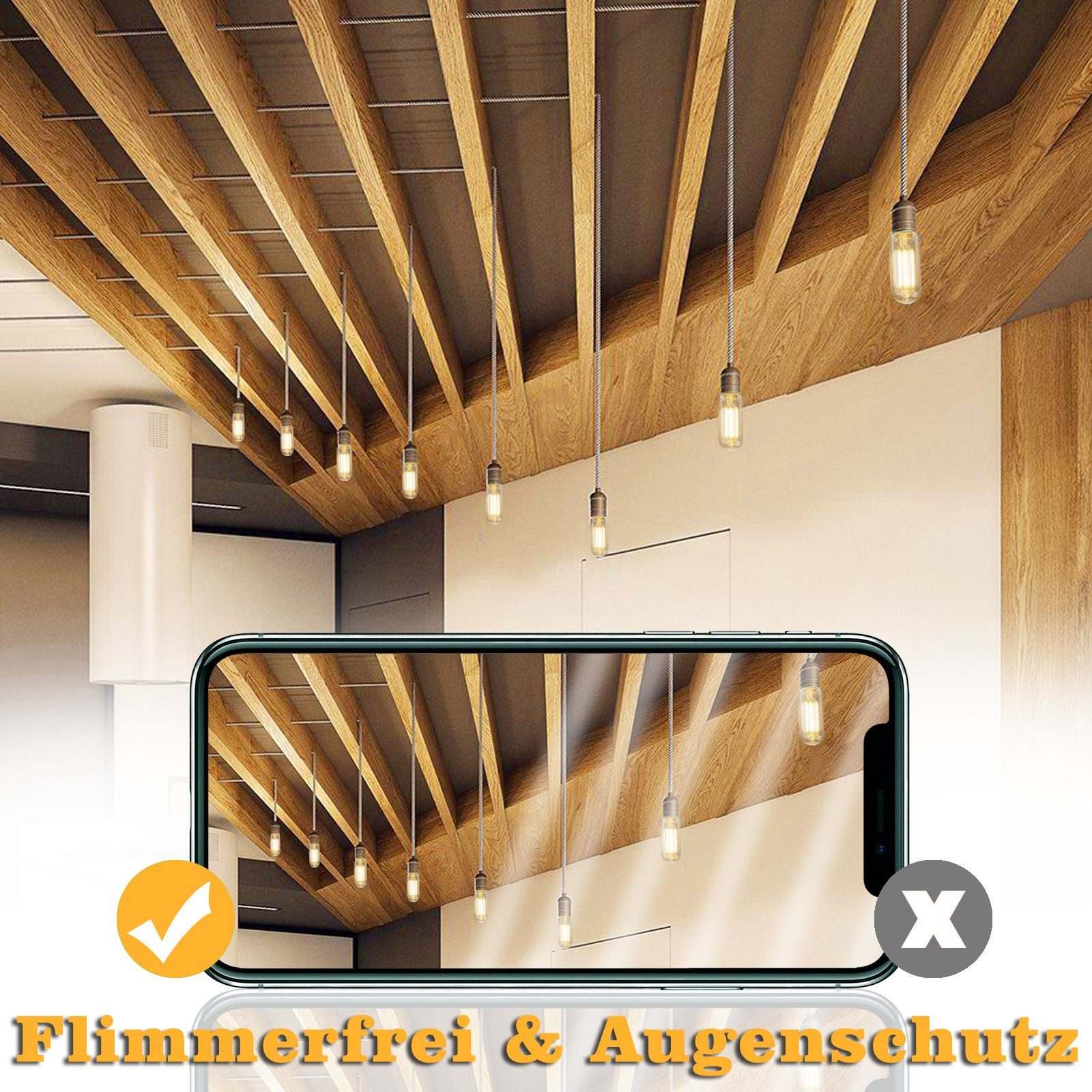 Telefon pokazujący sufit z światłami. Tekst mówi Bez migotania i ochrona oczu. Zaznaczenie dobrego światła, X na złym świetle.