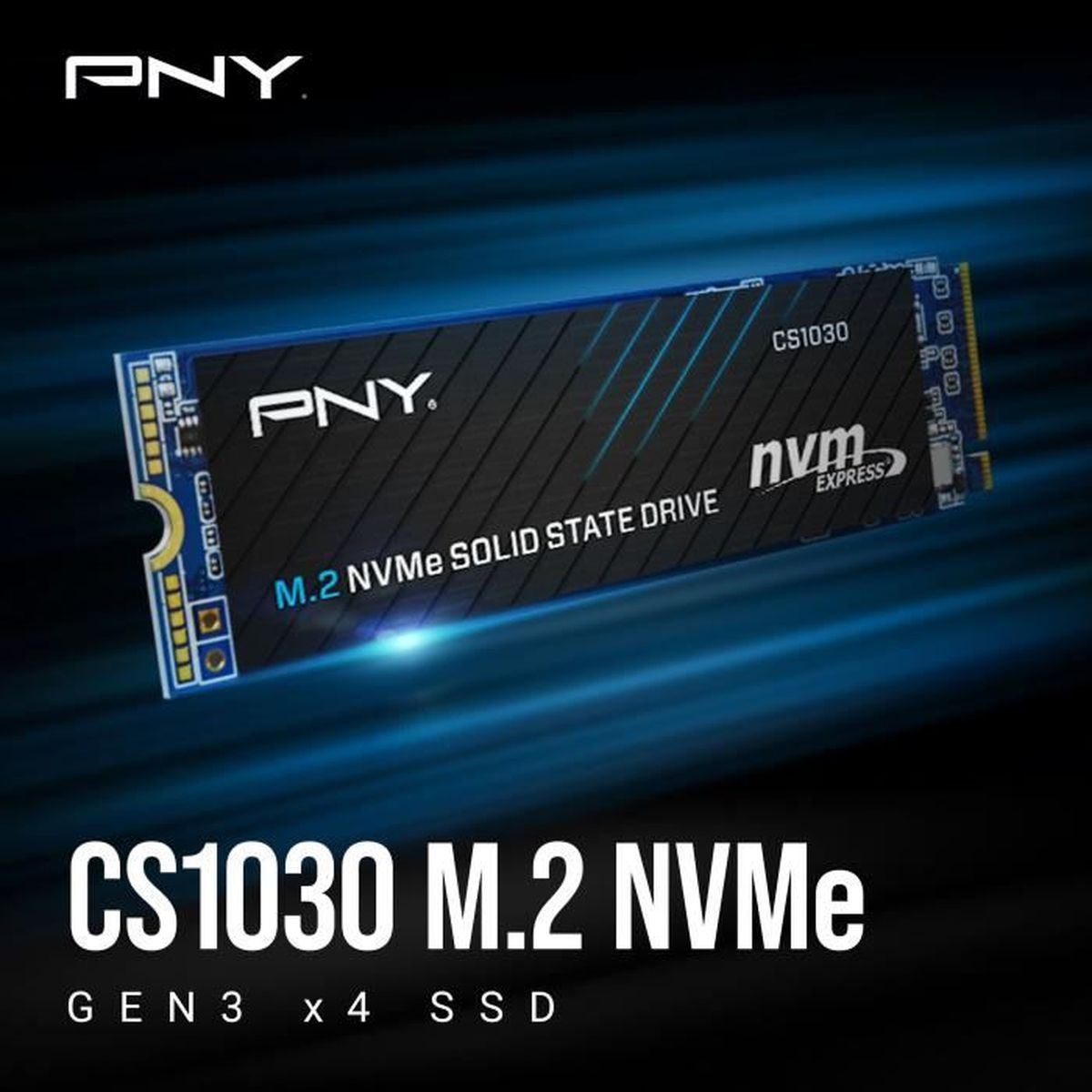 PNY CS1030 M.2 NVMe SSD na niebieskim tle z gradientem. Jest to mała, czarna płytka drukowana z tekstem.