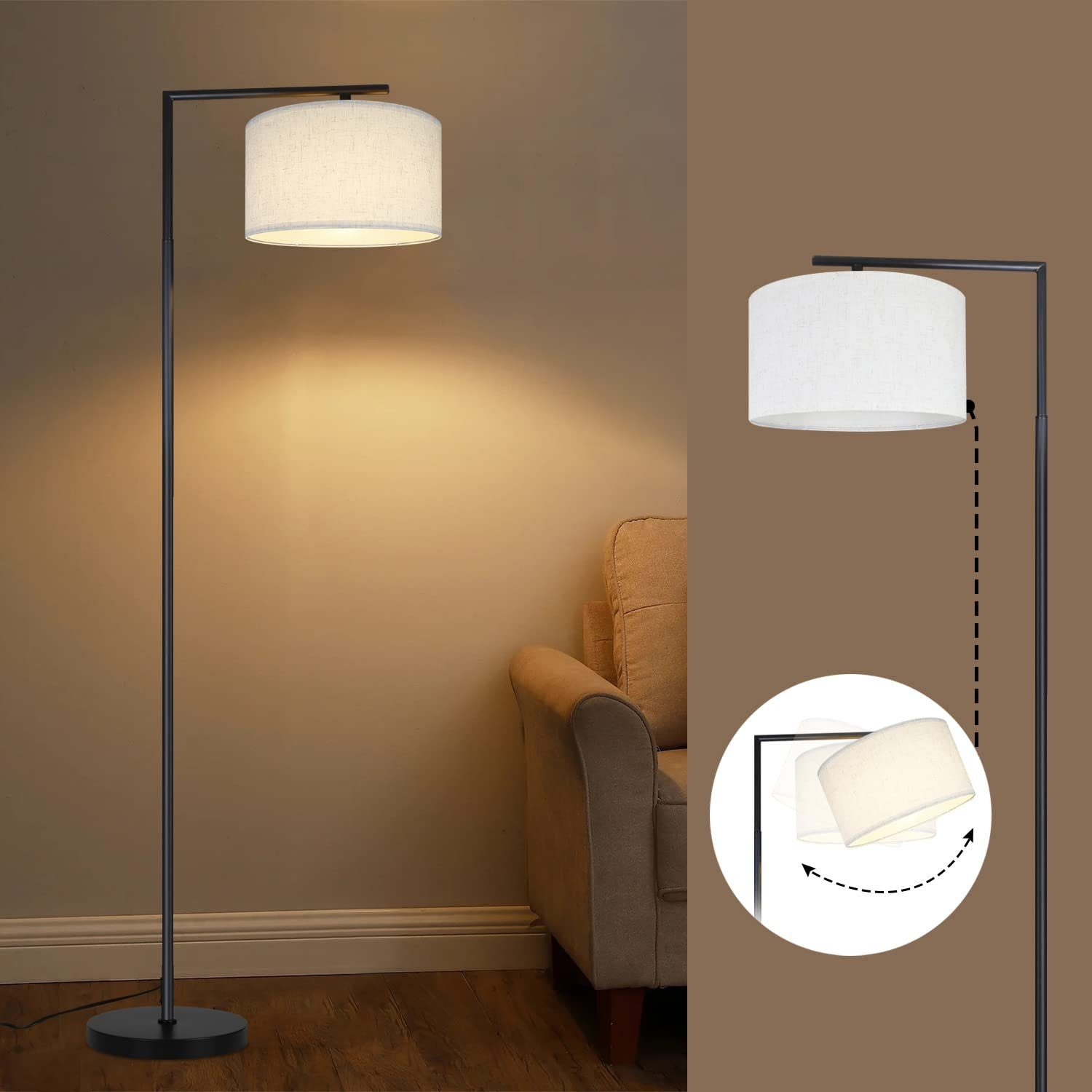 Una lampada da terra nera con un paralume cilindrico bianco. Sullo sfondo un divano e un muro. Un diagramma mostra il movimento.