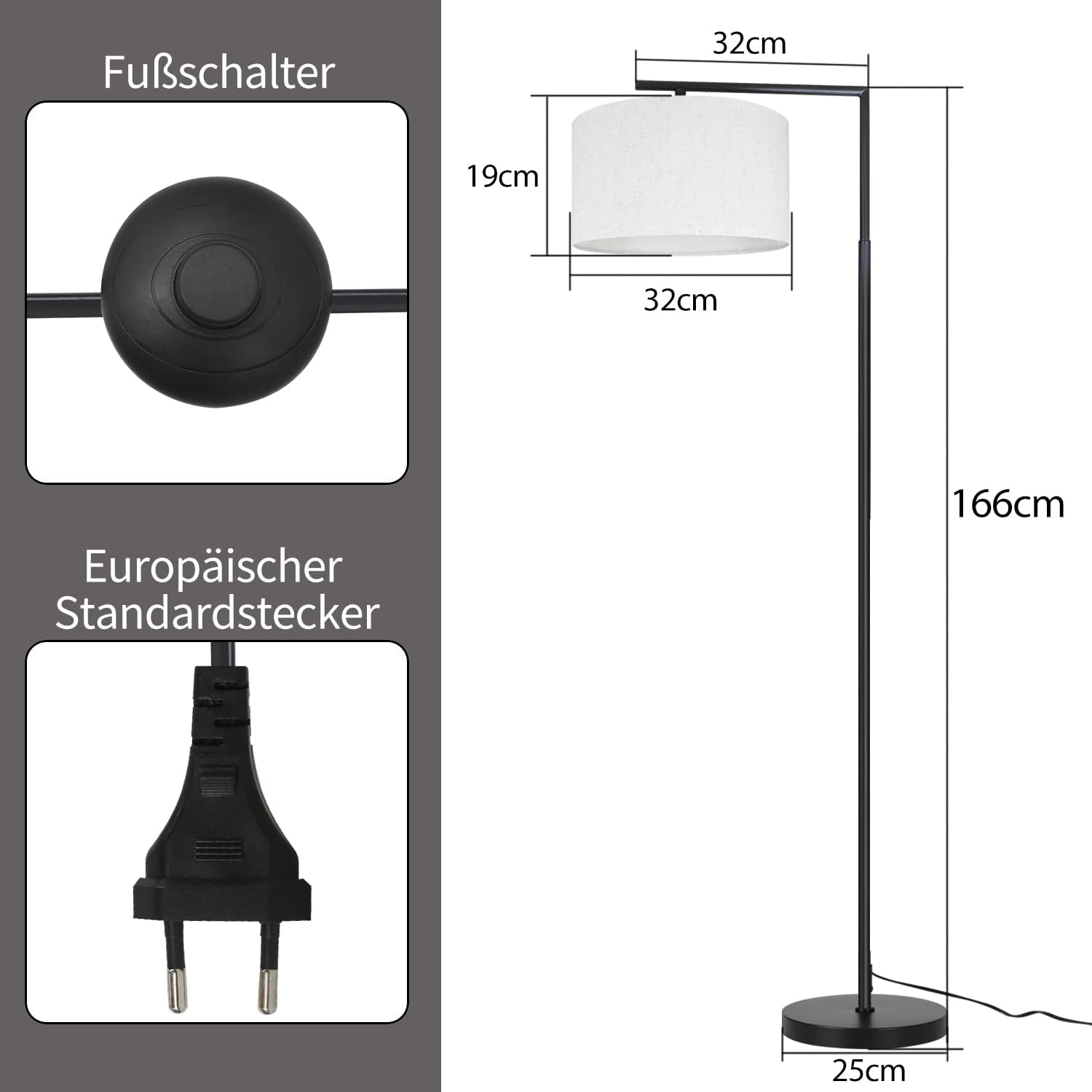 Una lampada da terra con un paralume cilindrico bianco. Sono mostrati i dettagli della base, della spina e delle dimensioni.