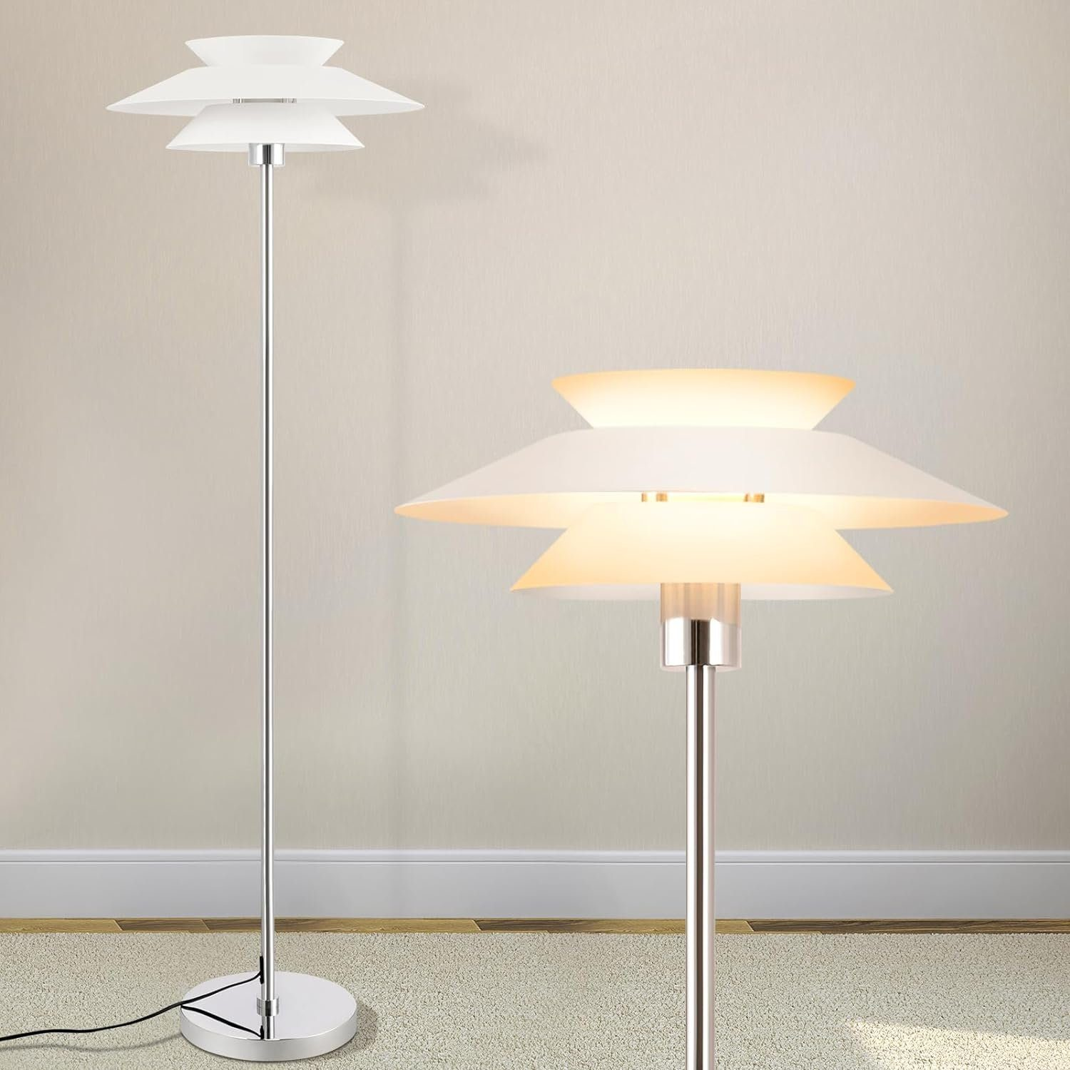 Due lampade sono mostrate in una stanza. La lampada ha un corpo bianco e un paralume bianco.