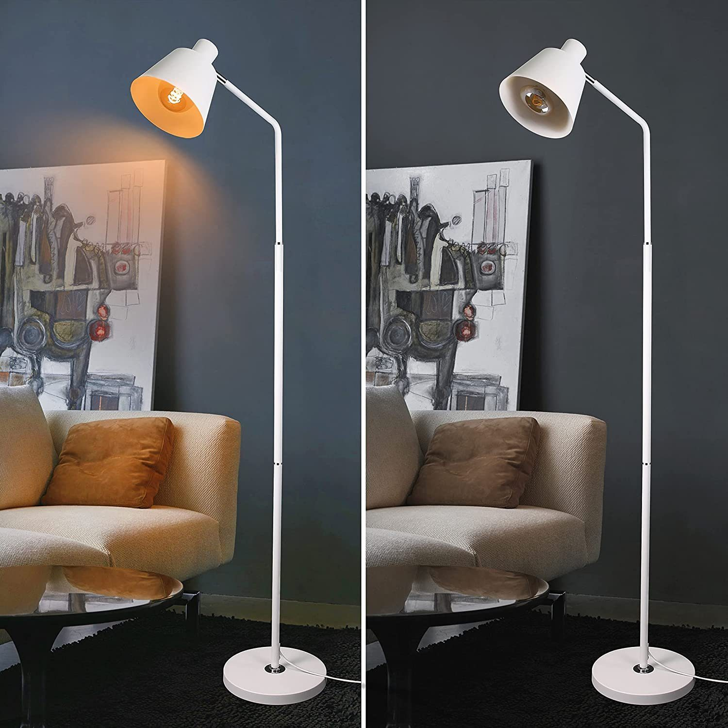 Zwei Bilder einer weißen Stehlampe mit weißem Schirm. Die Lampe steht in der Nähe eines Sofas und eines Gemäldes.