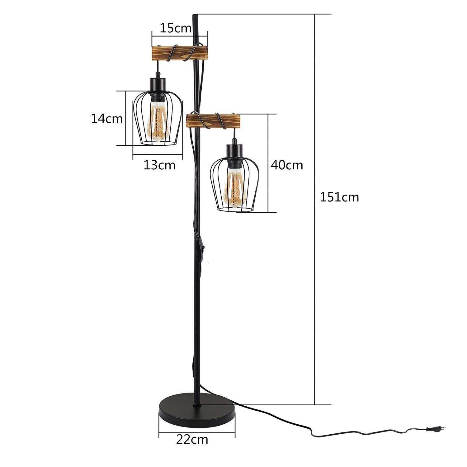 Diagram czarnej lampy podłogowej. Wymiary lampy podano na zdjęciu.