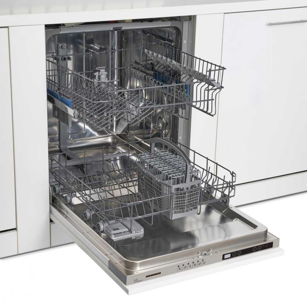A dishwasher with open door, showing racks for dishes and silverware.