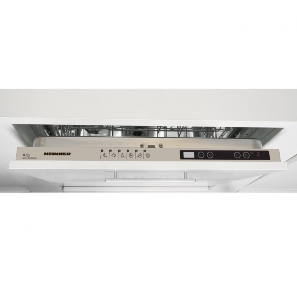 A white dishwasher is installed under a white countertop, with a control panel and handle visible.