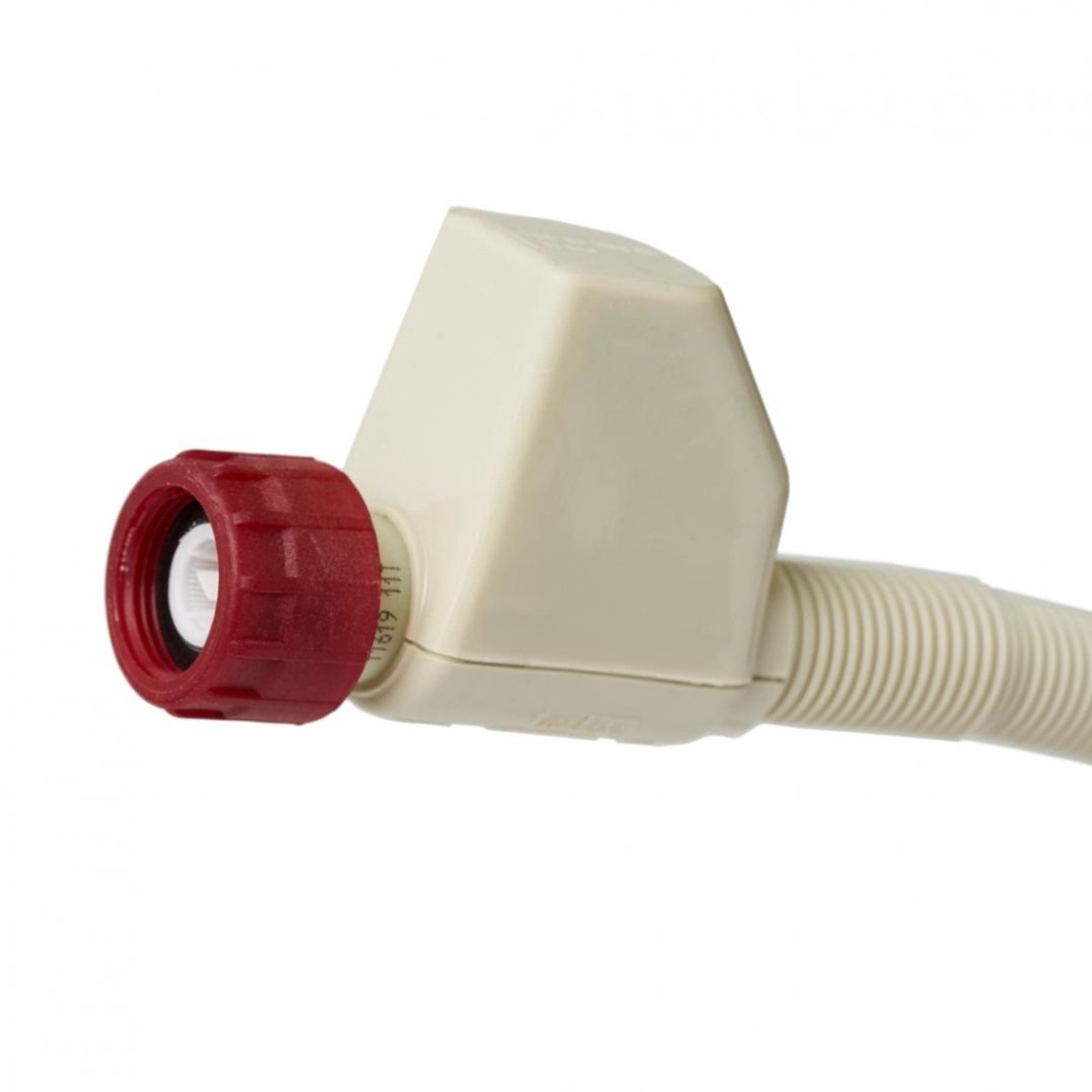 Een witte en rode connector voor een slang. Het staat op een witte achtergrond.