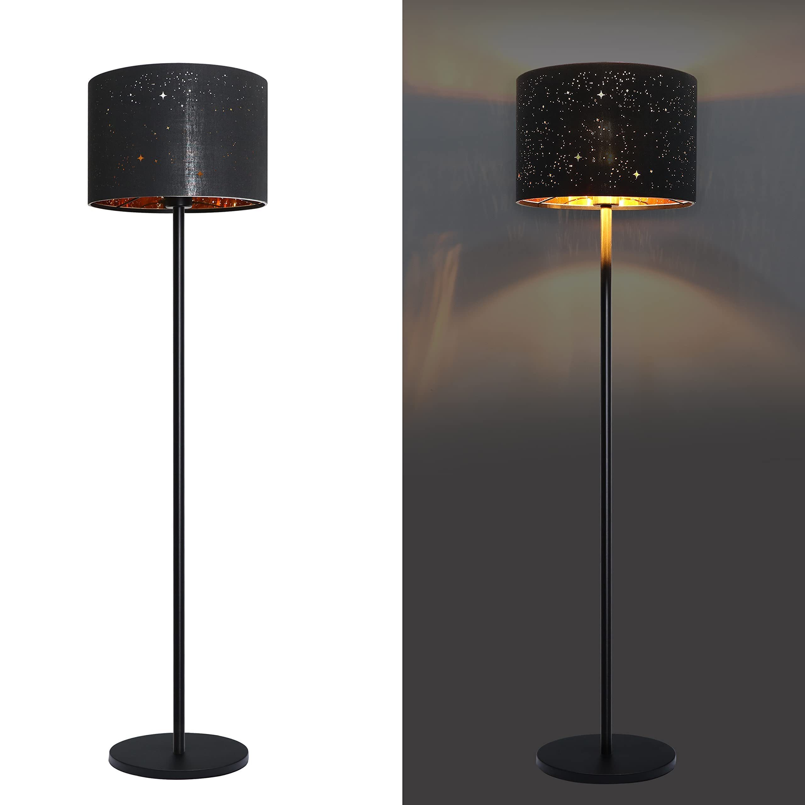 Lampada da terra con paralume nero stellato. A sinistra la lampada, a destra illuminata.