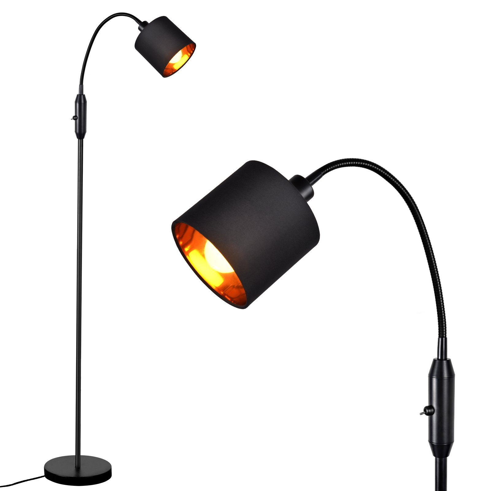 Czarna lampa podłogowa z dwoma regulowanymi kloszami, oświetlająca pokój z brązową sofą i szczegółami.