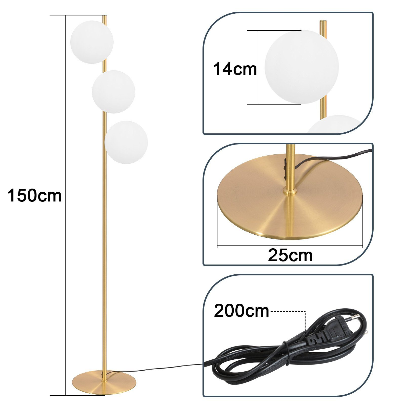 Lampada da terra con tre globi bianchi e base dorata. Le dimensioni sono mostrate.