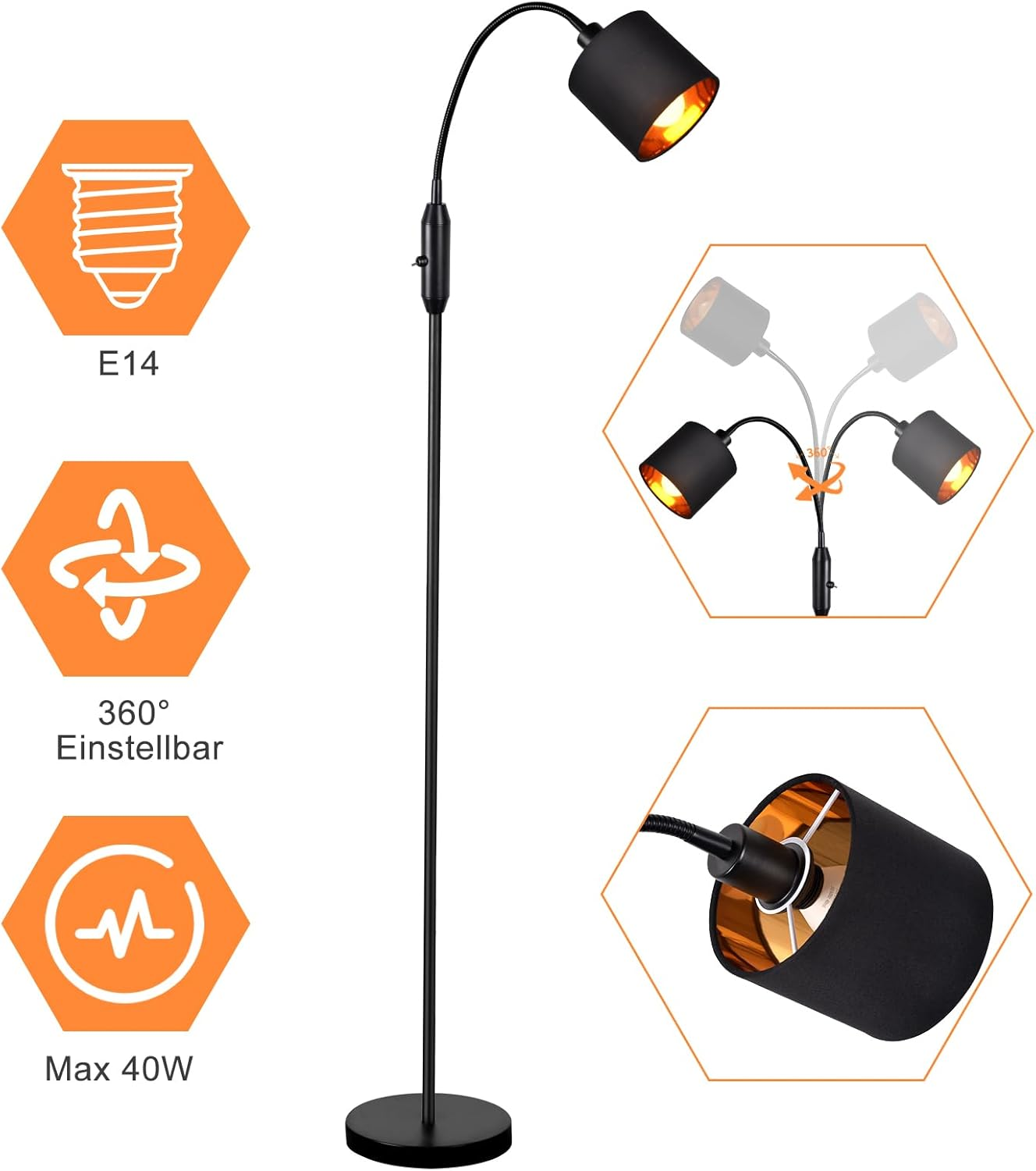 Lampada da terra nera con paralume nero, con icona E14, regolabile a 360° e icone Max 40W.