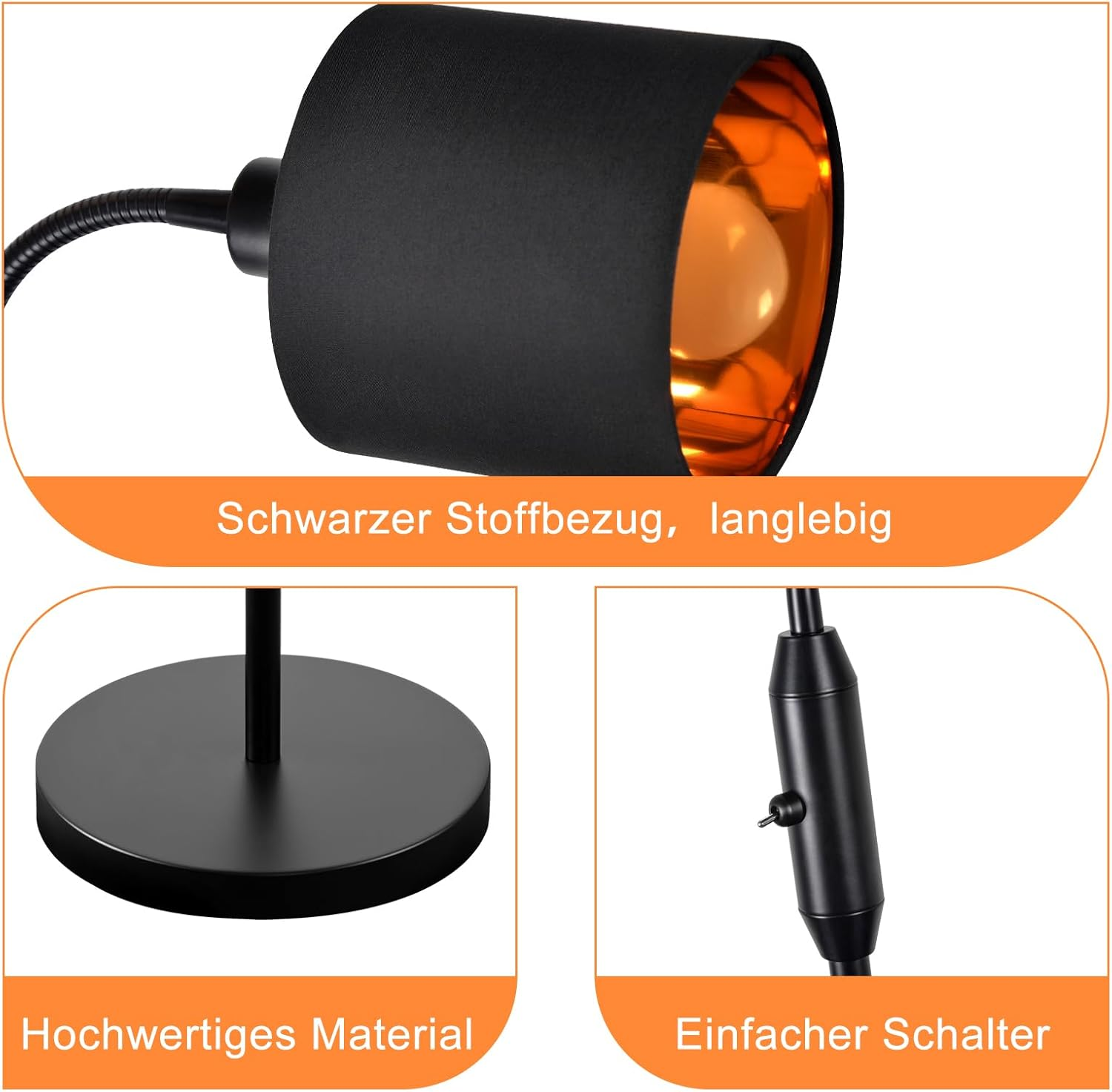 Primo piano di una lampada da terra nera con paralume nero, interno dorato e base.