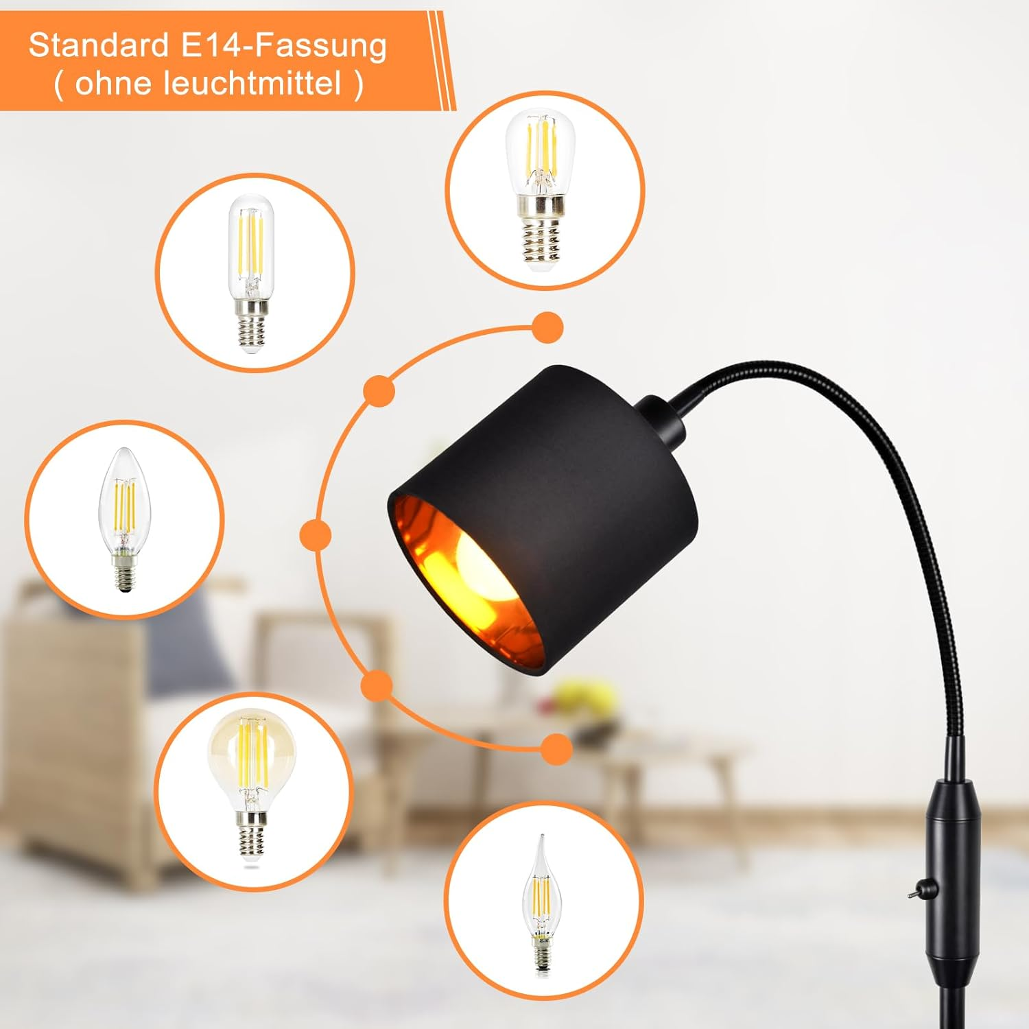 Lampada con paralume nero, varie lampadine esposte. Interno con divano sullo sfondo.