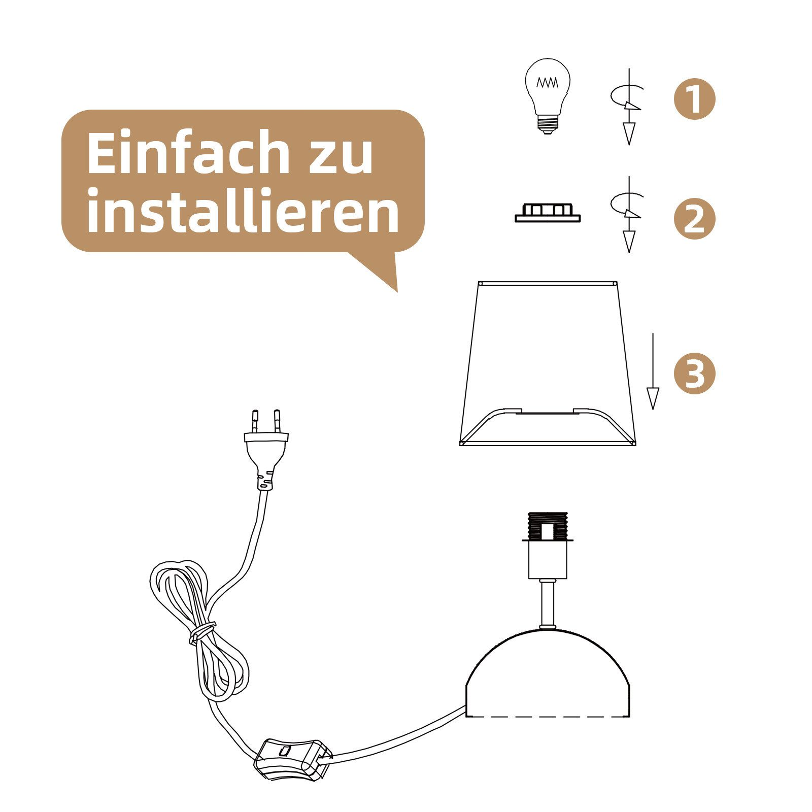Schemat instalacji lampy. Obejmuje wtyczkę, żarówkę i części lampy.