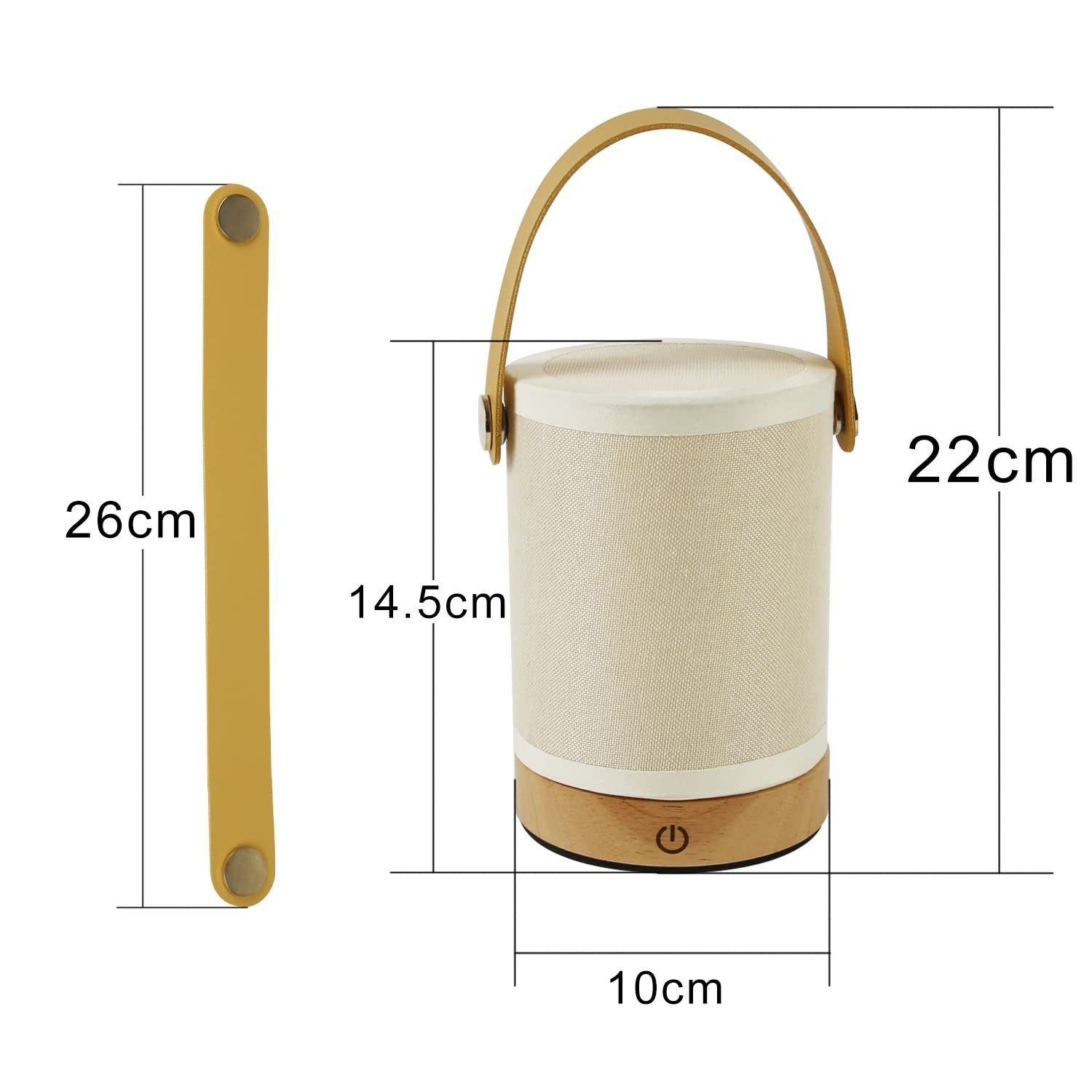 Schemat lampy z wymiarami: 22 cm wysokości, 10 cm średnicy podstawy, 26 cm długości uchwytu, 14,5 cm wysokości.