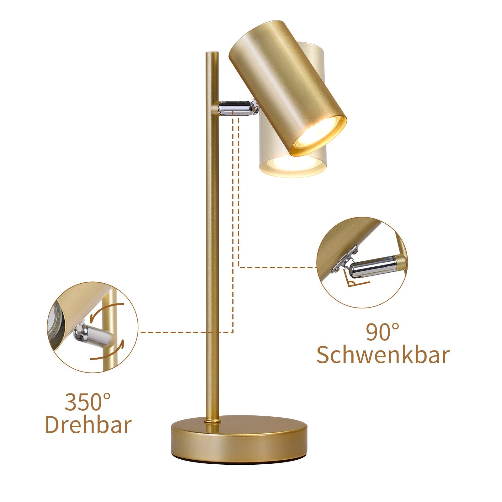 Złota lampa z długim trzonem. Lampa ma dwie regulowane głowice. Podstawa jest okrągła, a głowica cylindryczna.