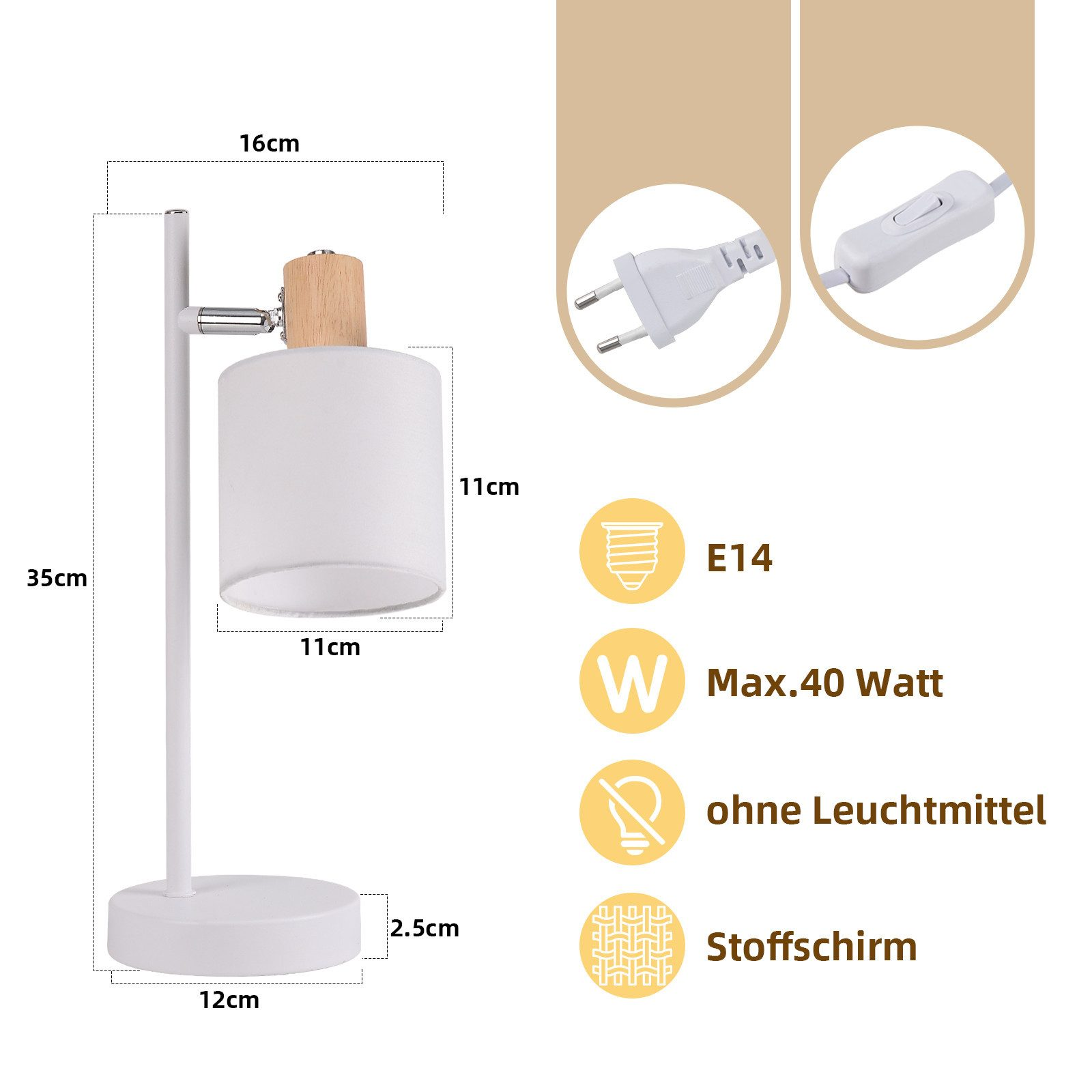 Biała lampa stołowa z białym kloszem. Pokazano wymiary: 35 cm wysokości, 12 cm podstawy i 11 cm dla klosza.