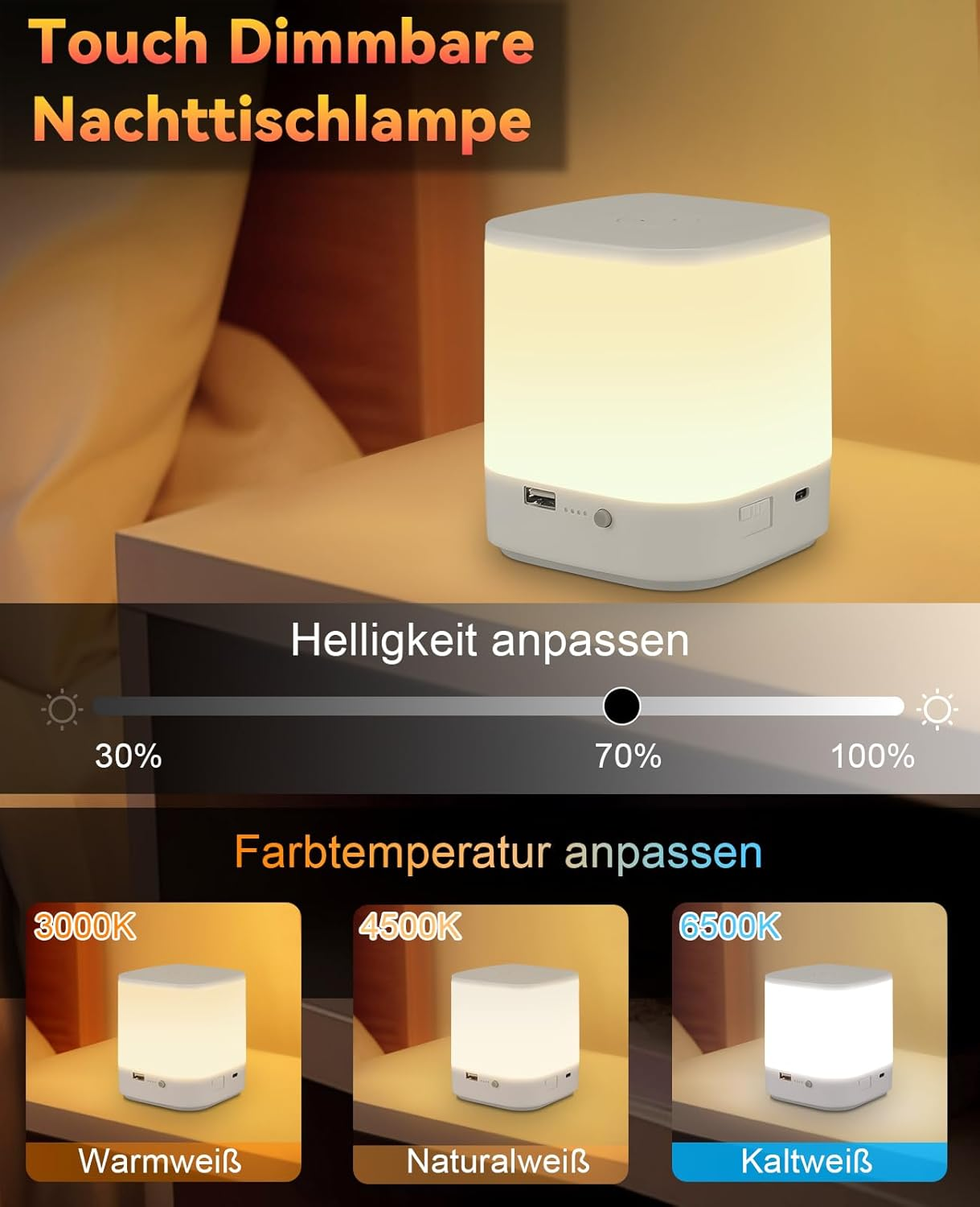 Biała lampka nocna z białym światłem i grafiką z ustawieniami jasności i temperatur barwowych.