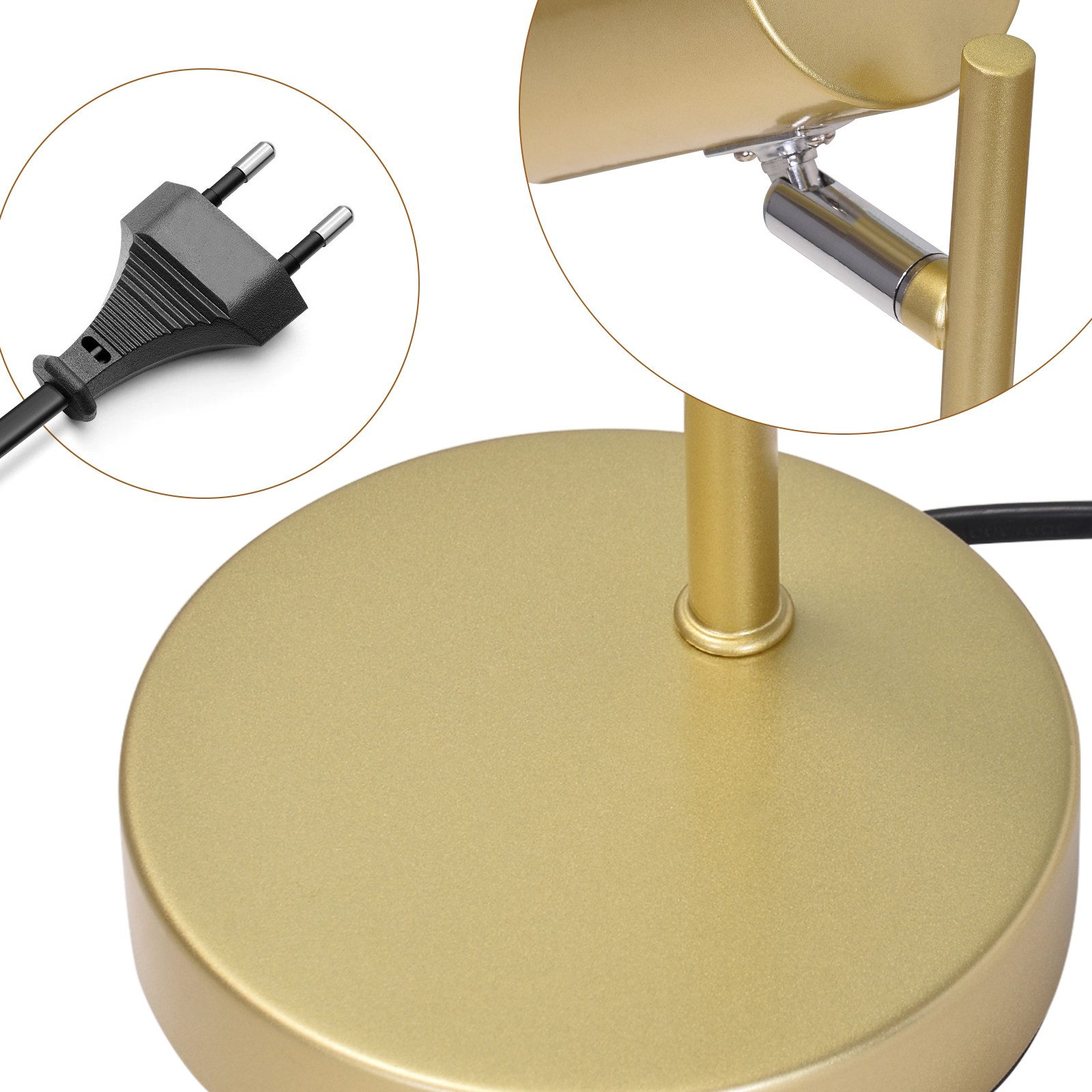 Zbliżenie na złotą podstawę lampy, wtyczkę i część regulowanej głowicy. Pokazano szczegóły.